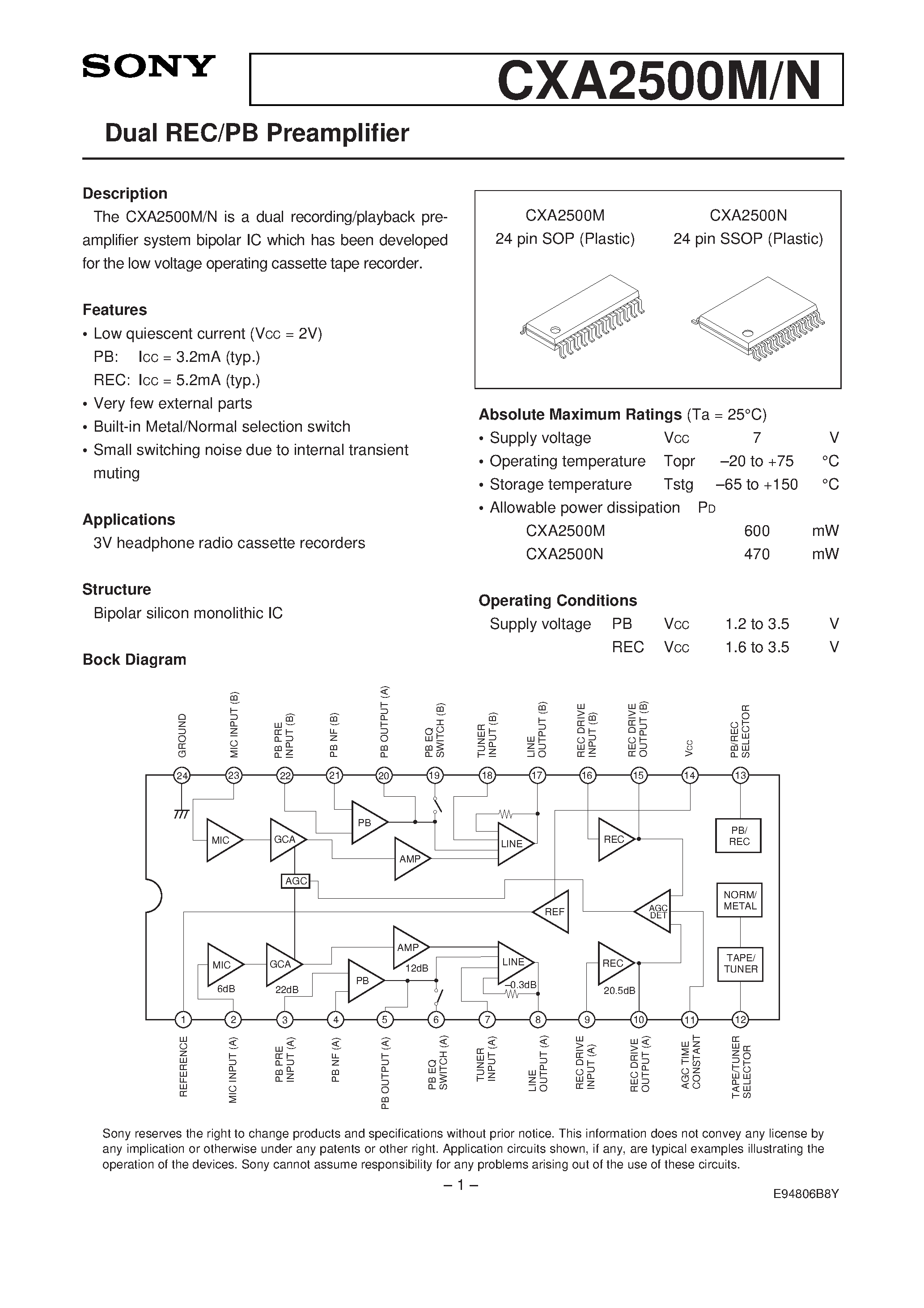 Даташит CXA2500 - Dual REC/PB Preamplifier страница 1