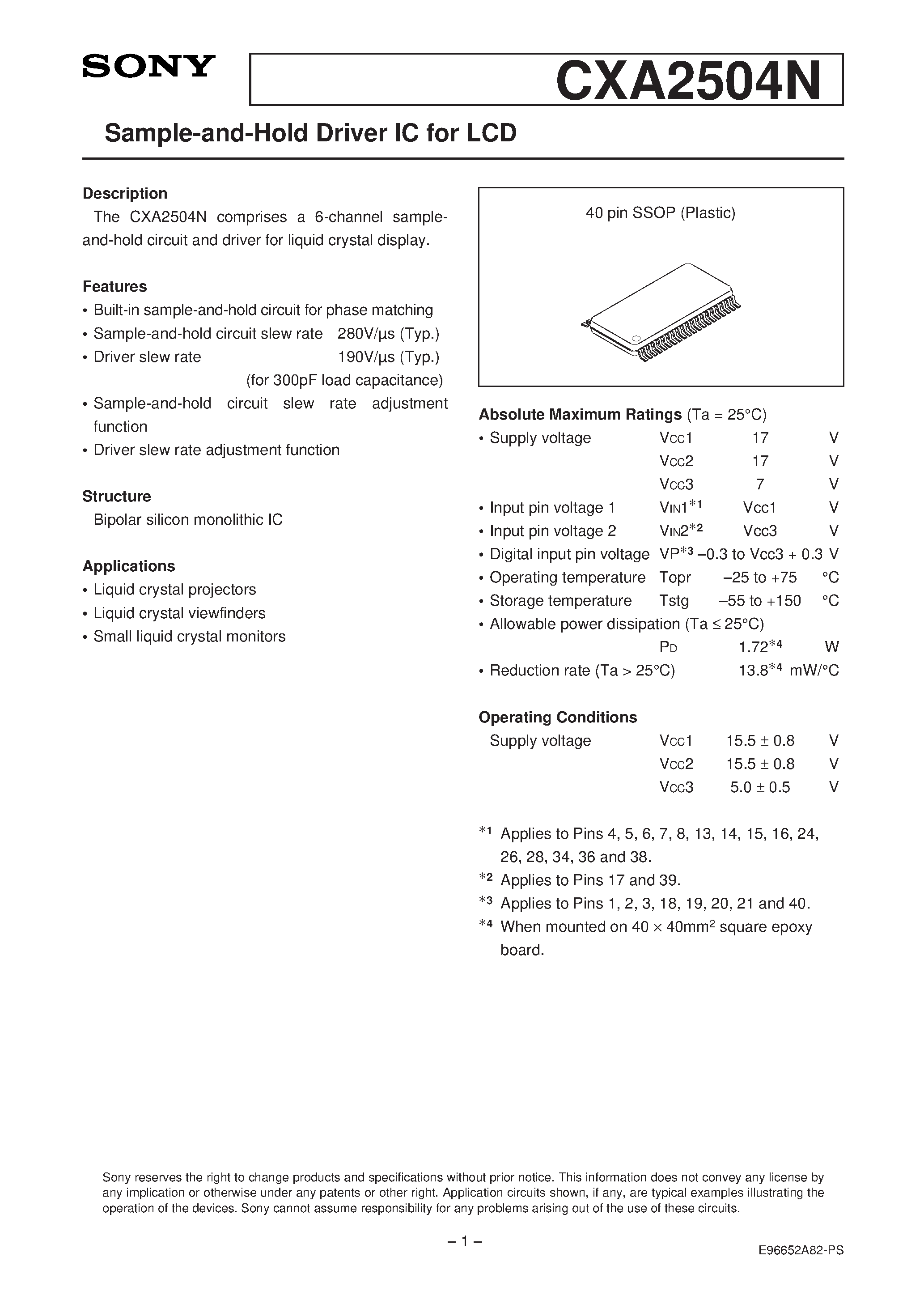 Даташит CXA2504N - Sample-and-Hold Driver IC for LCD страница 1
