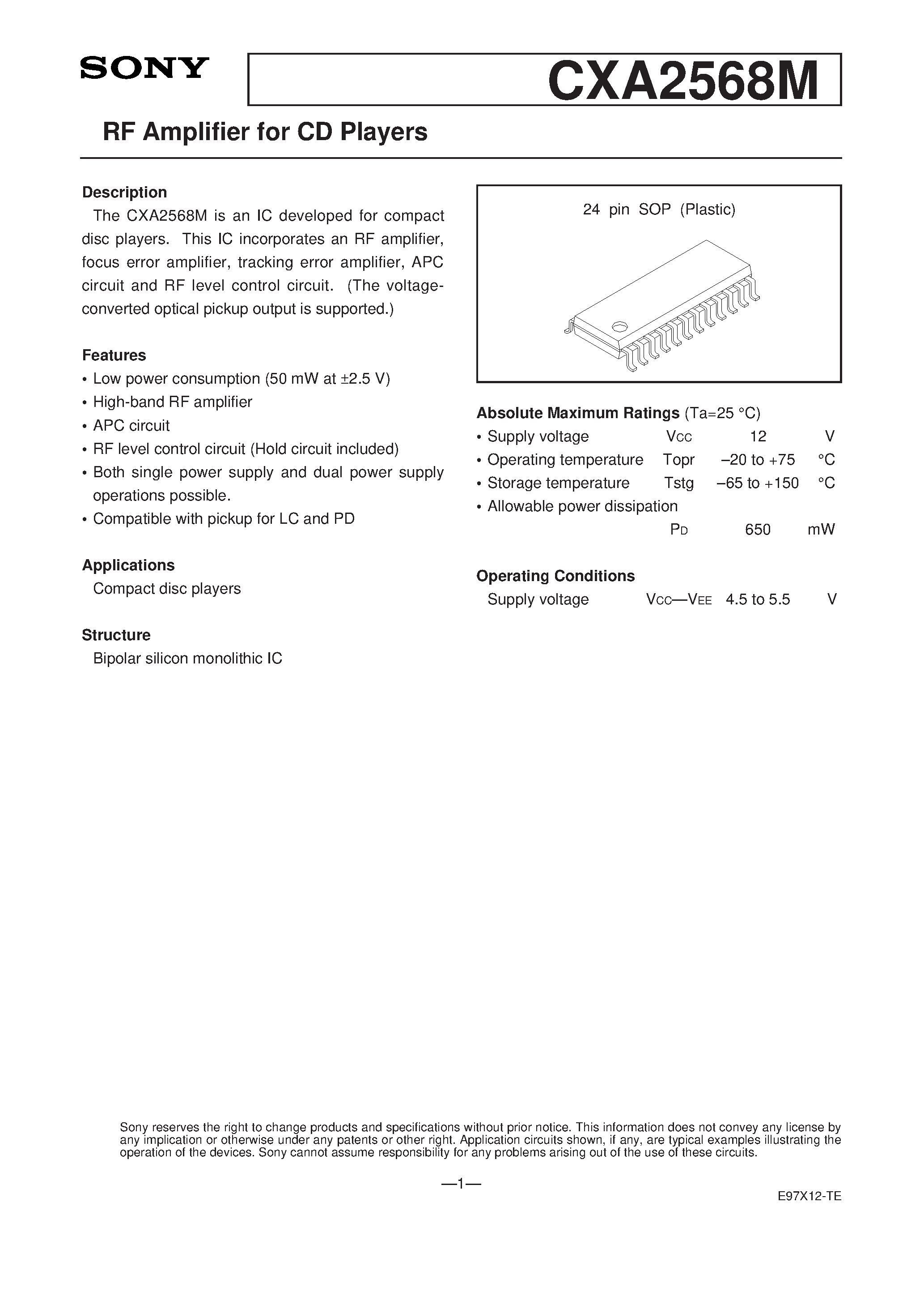 Даташит CXA2568M - RF Amplifier for CD Players страница 1