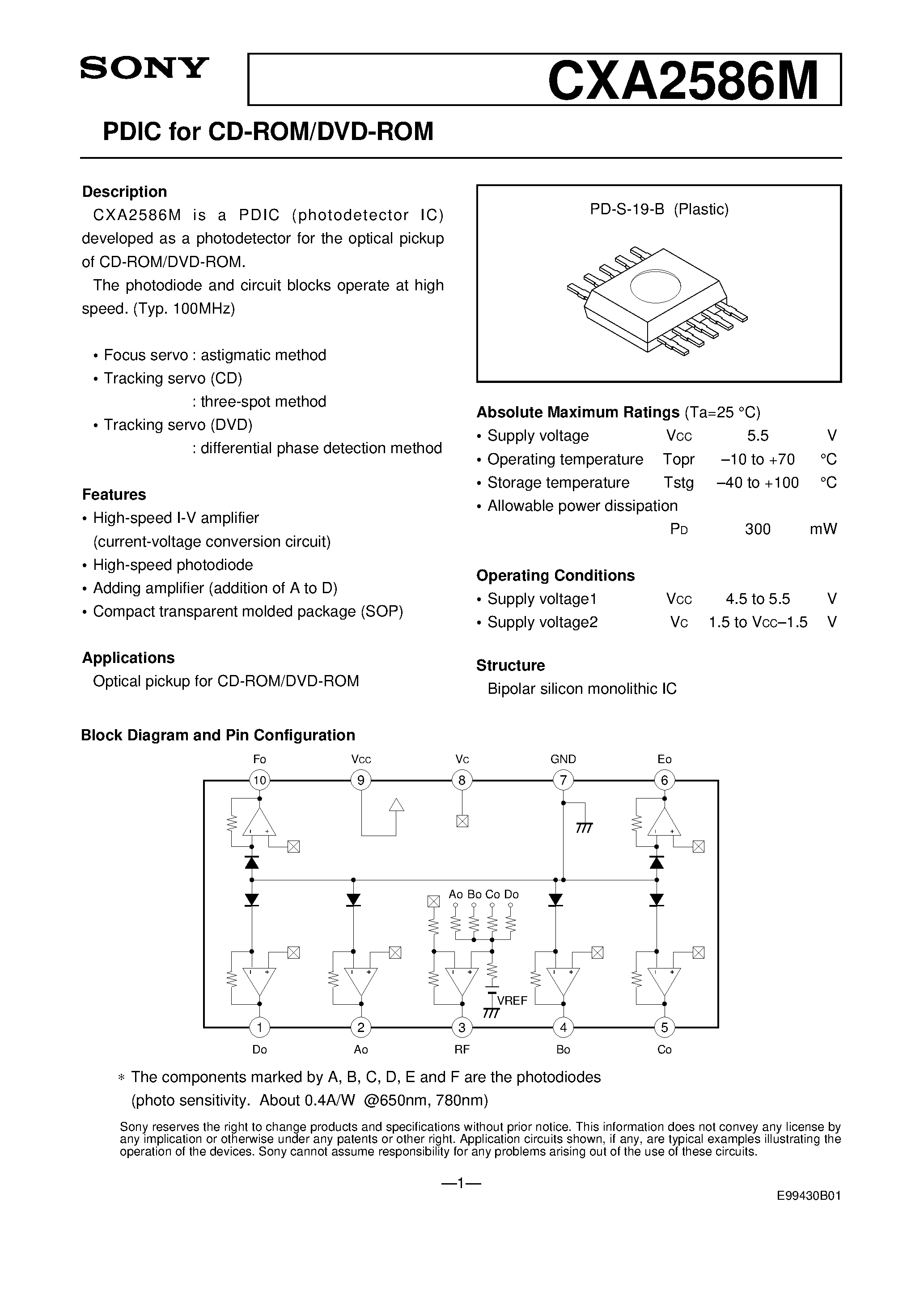Даташит CXA2586 - Ultrahigh-Speed (100 MHz) Photodetector IC страница 1