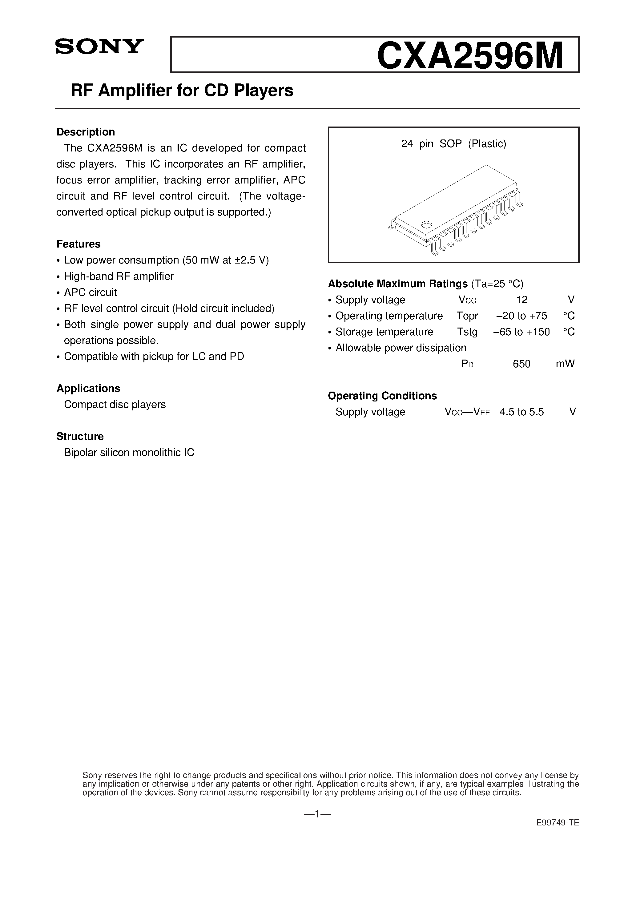Даташит CXA2596 - RF Amplifier for CD Players страница 1