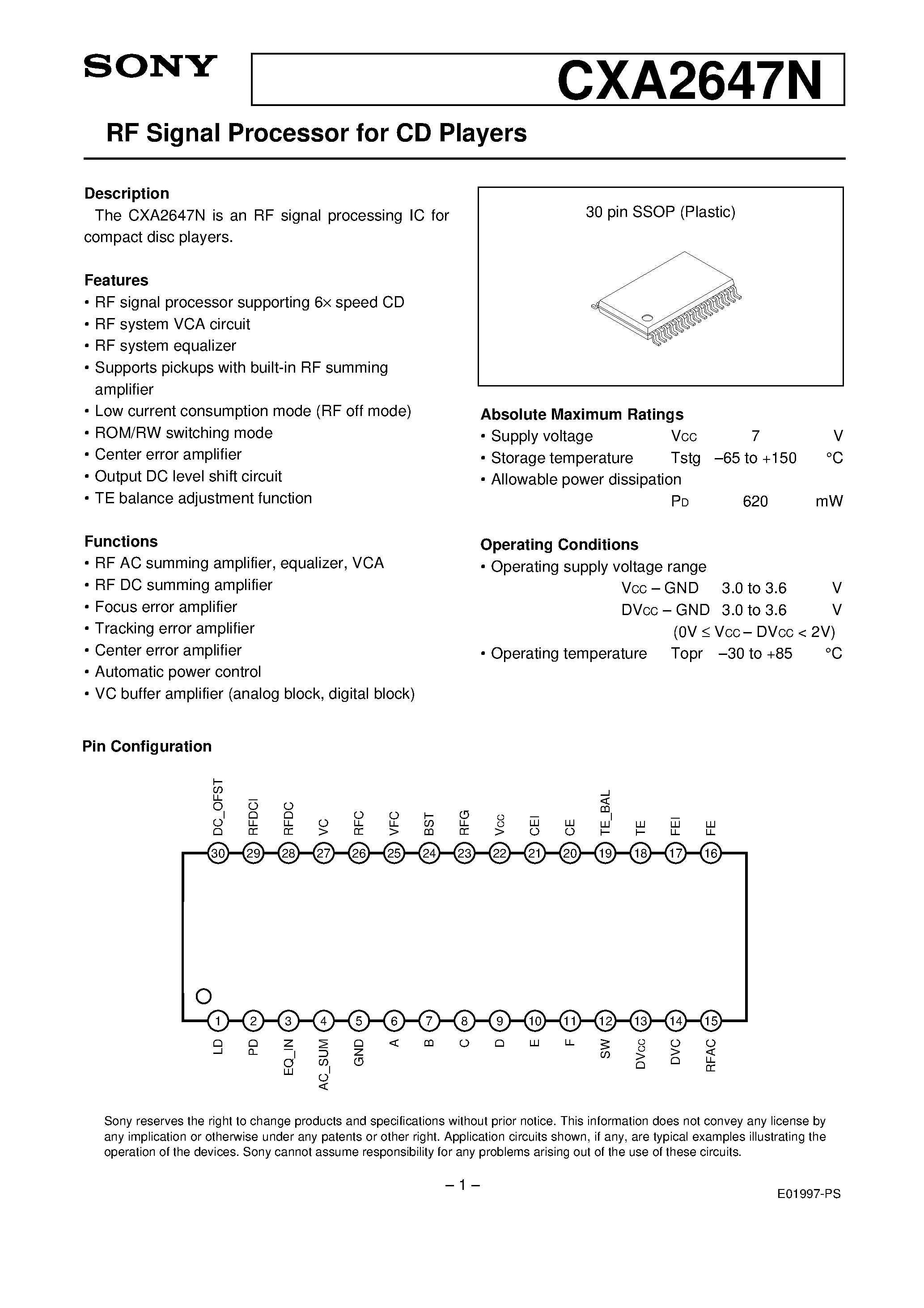 Даташит CXA2647N - RF Signal Processor for CD Players страница 1