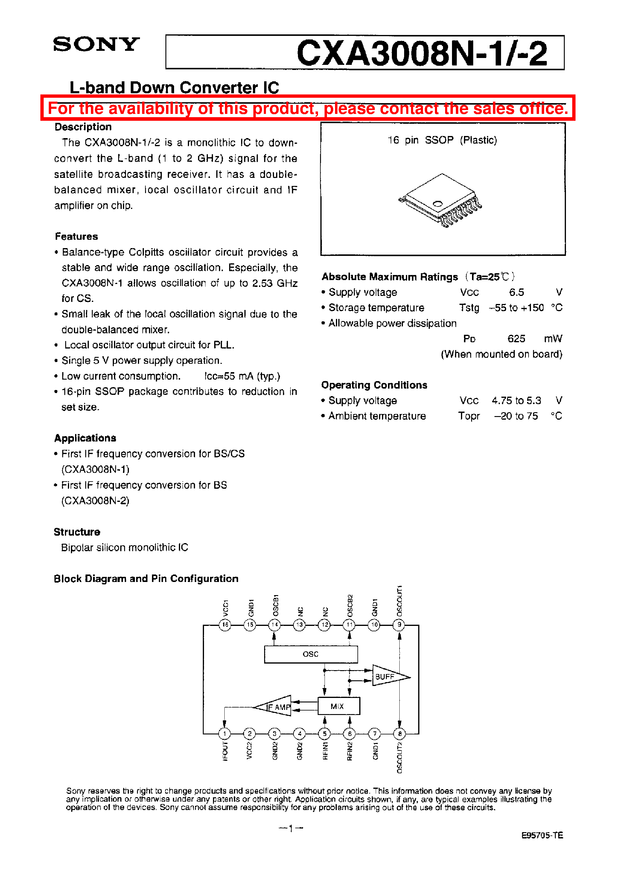 Даташит CXA3008N-2 - L-BAND DOWN CONVERTER IC страница 1