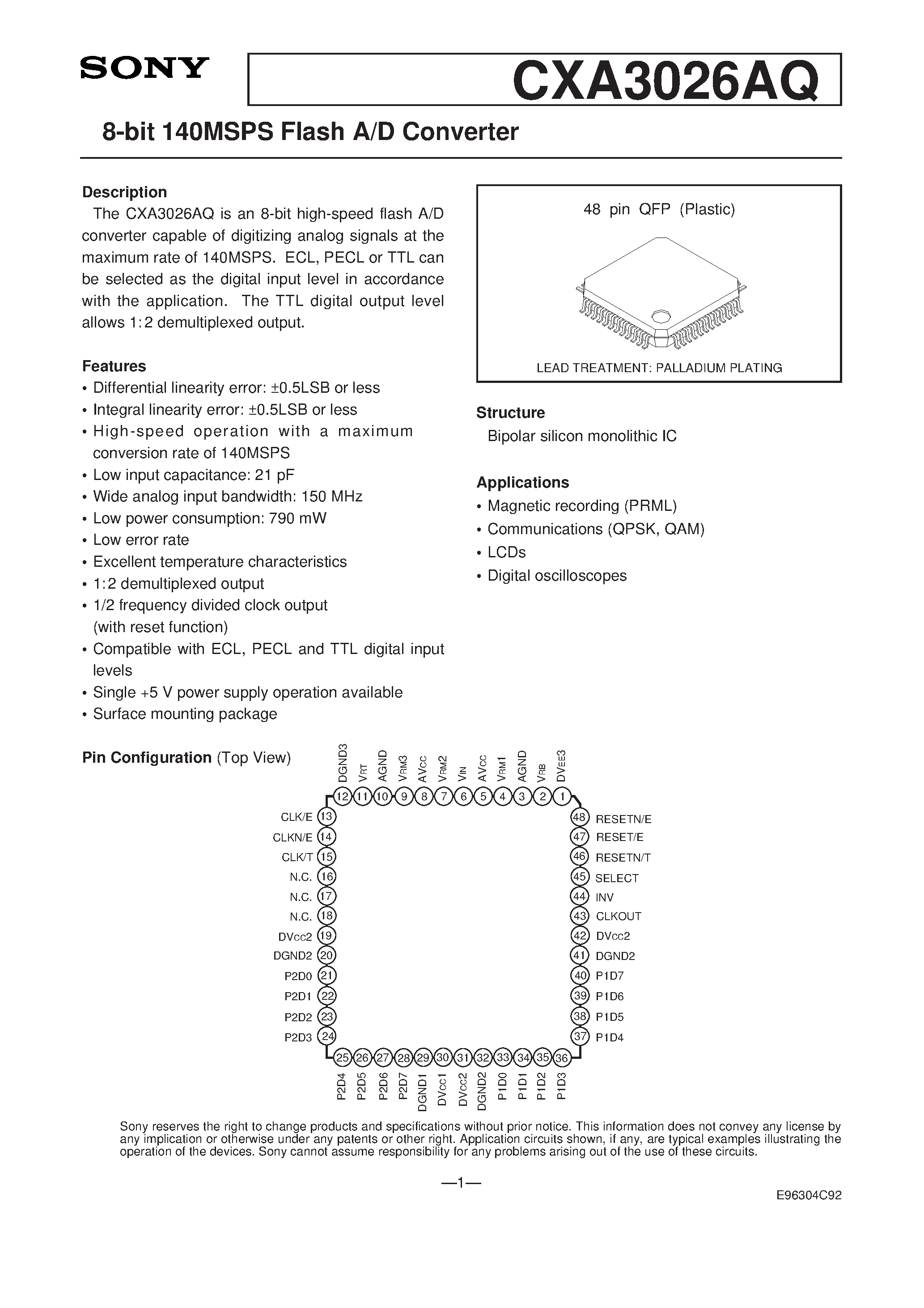 Даташит CXA3026 - 8-bit 120MSPS Flash A/D Converter страница 1