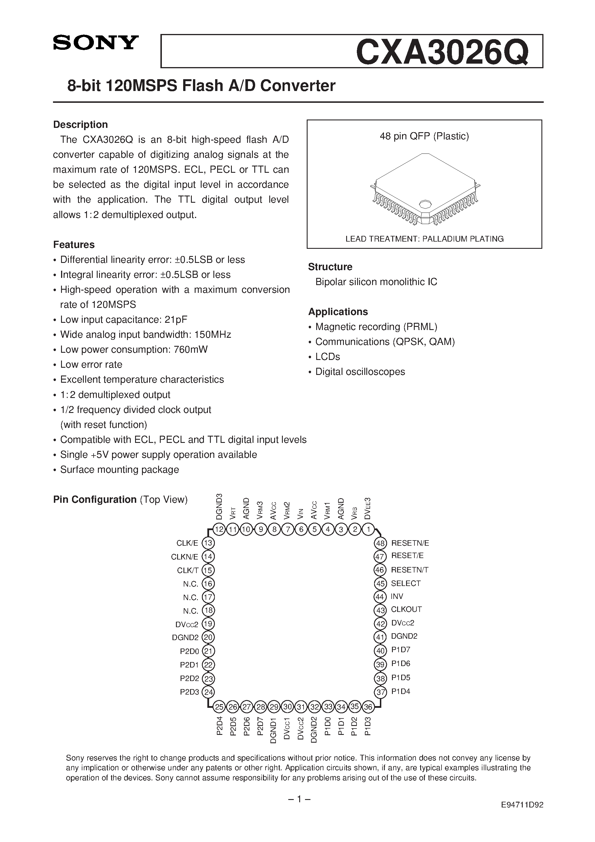 Даташит CXA3026Q - 8-bit 120MSPS Flash A/D Converter страница 1