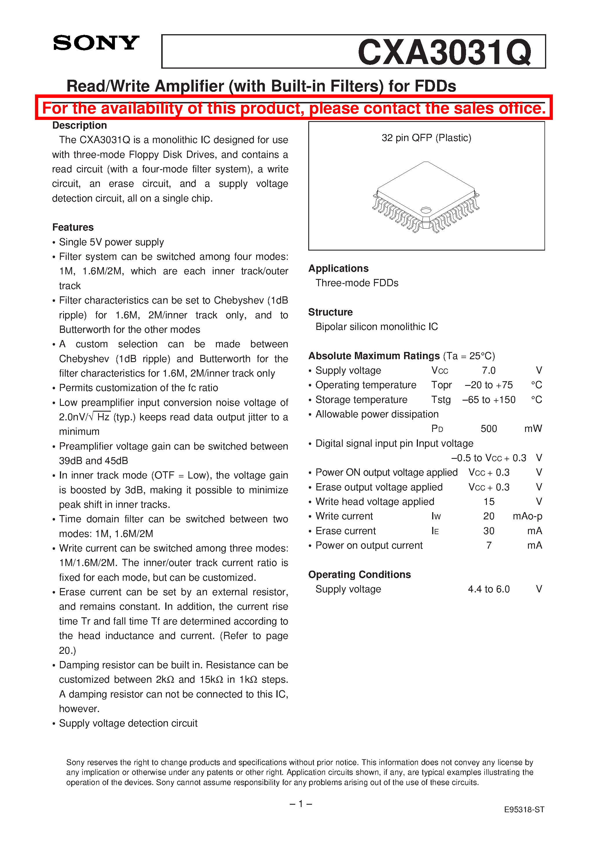 Datasheet CXA3031Q page 1 Datasheet CXA3031Q - Read/Write Amplifier (with Built-in Filters) for FDDs page 1