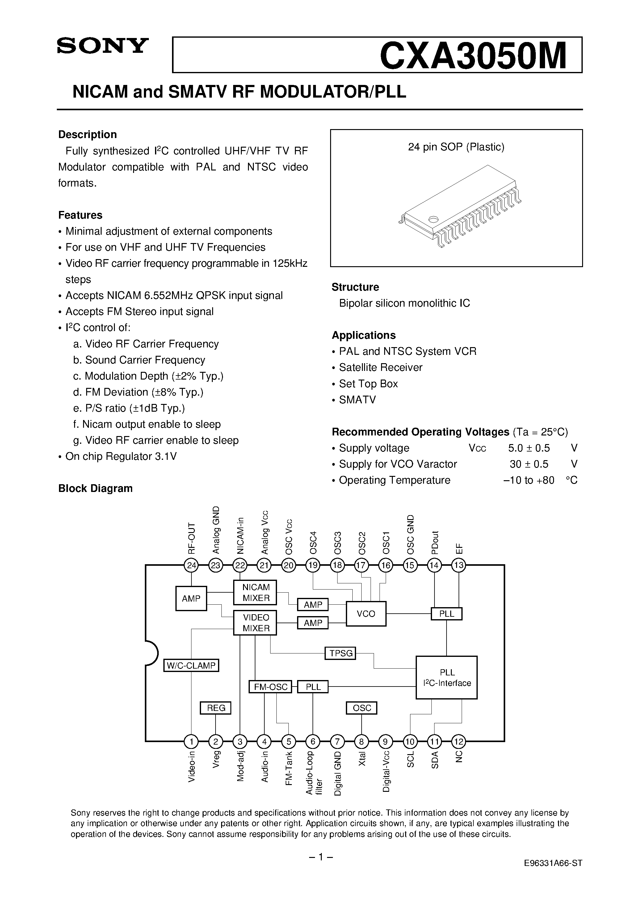 Даташит CXA3050M - NICAM and SMATV RF MODULATOR/PLL страница 1