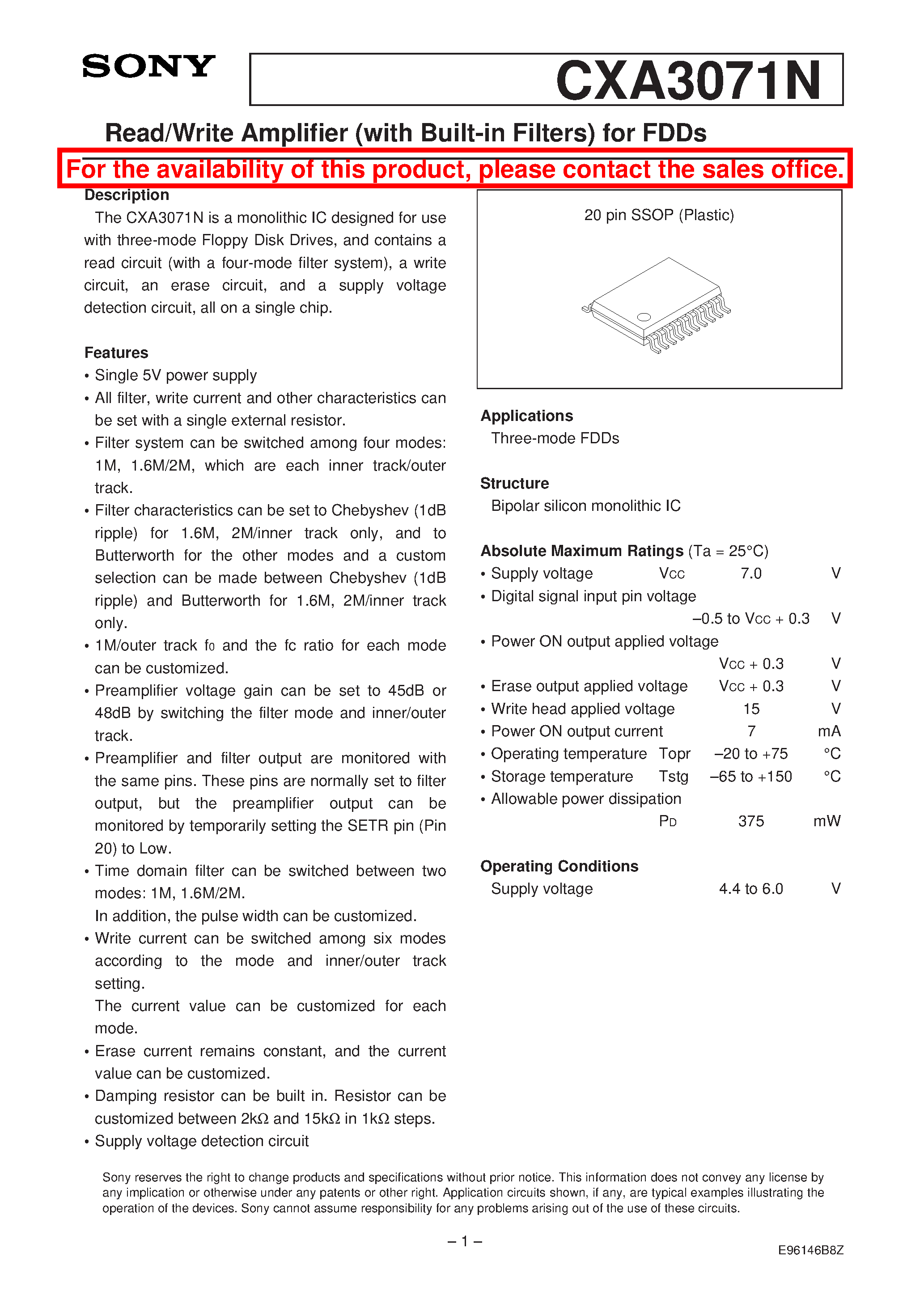Даташит на микросхему CXA3071N страница 1 Даташит CXA3071N - Read/Write Amplifier (with Built-in Filters) for FDDs страница 1