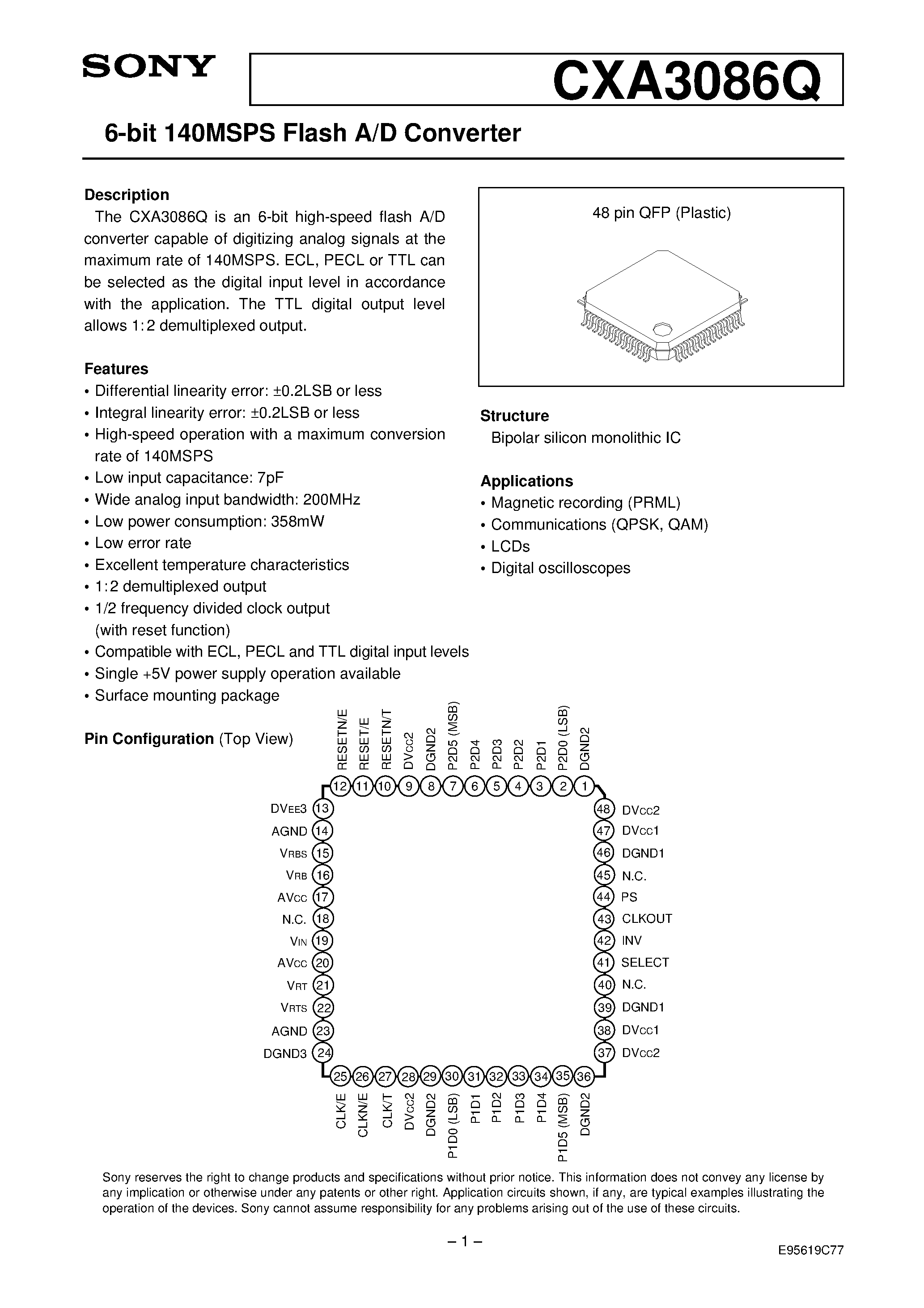 Даташит CXA3086 - 6-bit 140MSPS Flash A/D Converter страница 1