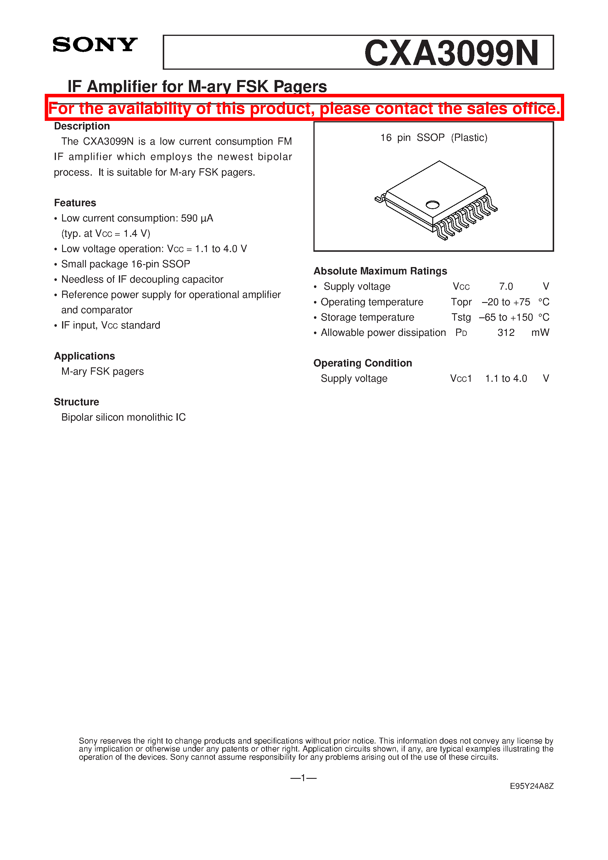 Datasheet CXA3099N page 1 Datasheet CXA3099N - IF Amplifier for M-ary FSK Pagers page 1