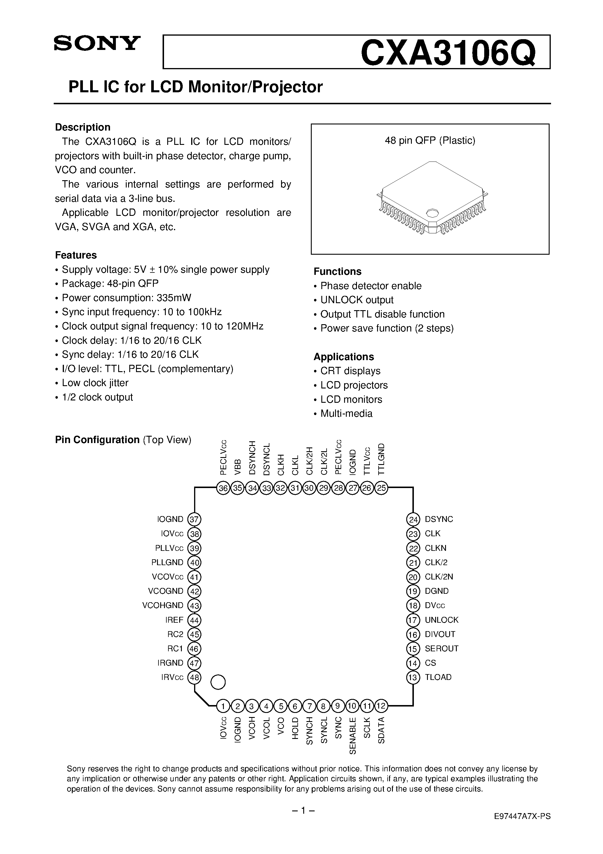 Даташит CXA3106Q - PLL IC for LCD Monitor/Projector страница 1