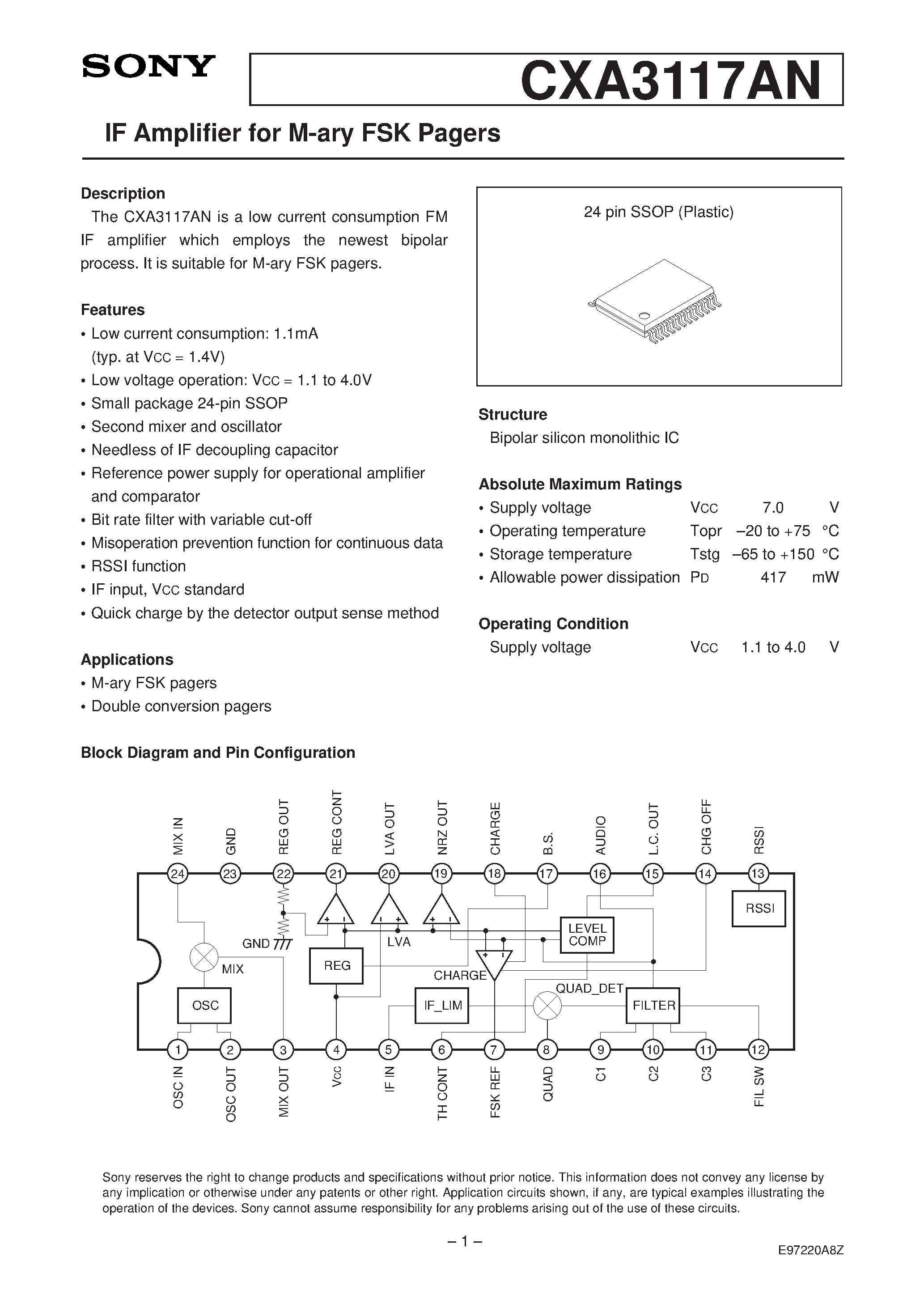 Даташит CXA3117 - Achieving Low Power and High Speed in Paging System IF IC страница 1