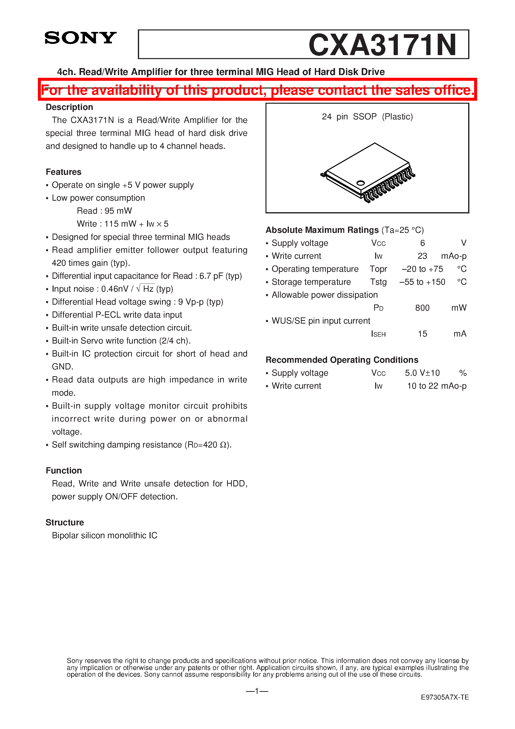 Даташит CXA3171N - 4ch. Read/Write Amplifier for three terminal MIG Head of Hard Disk Drive страница 1