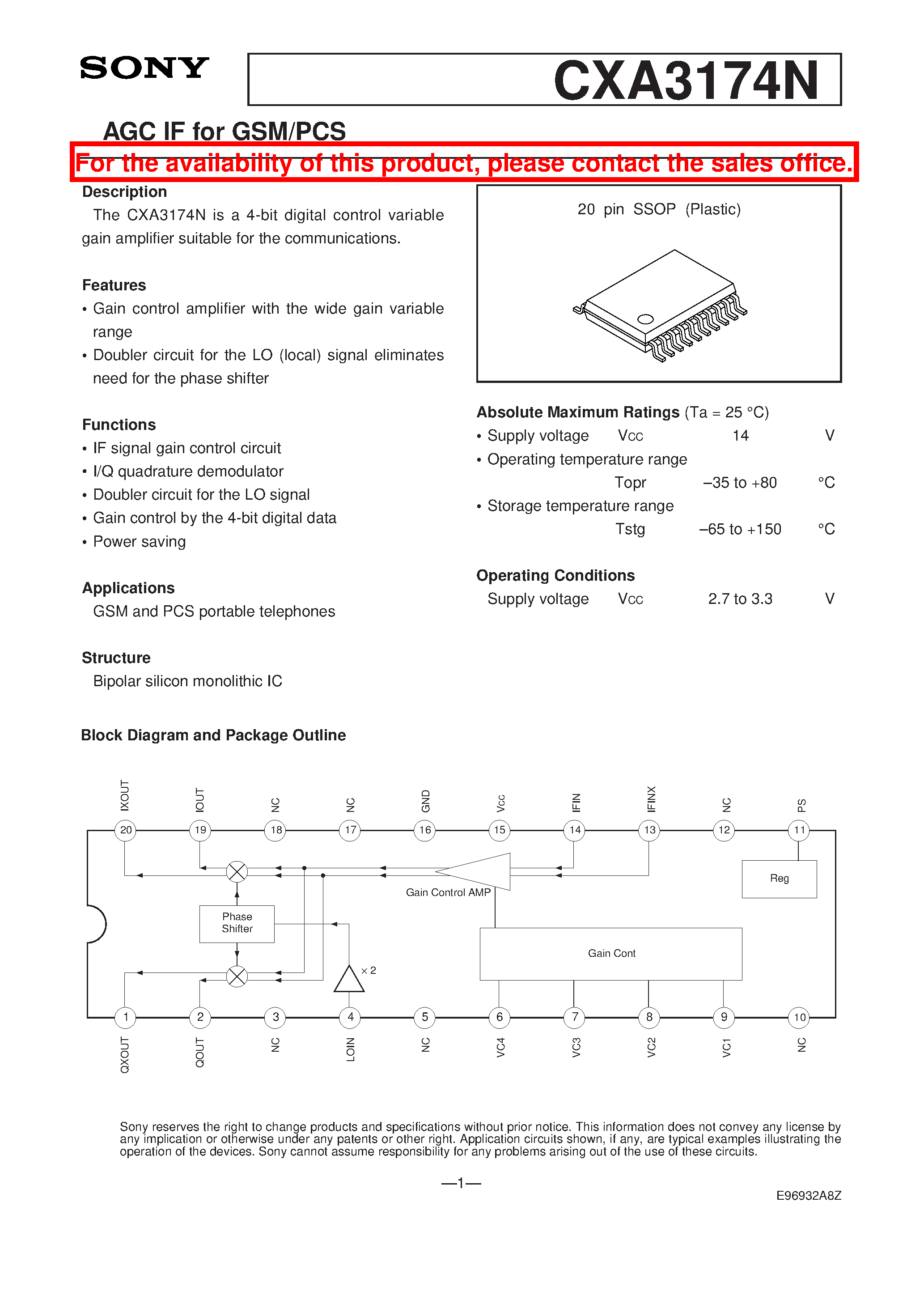 Даташит CXA3174N - AGC IF for GSM/PCS страница 1