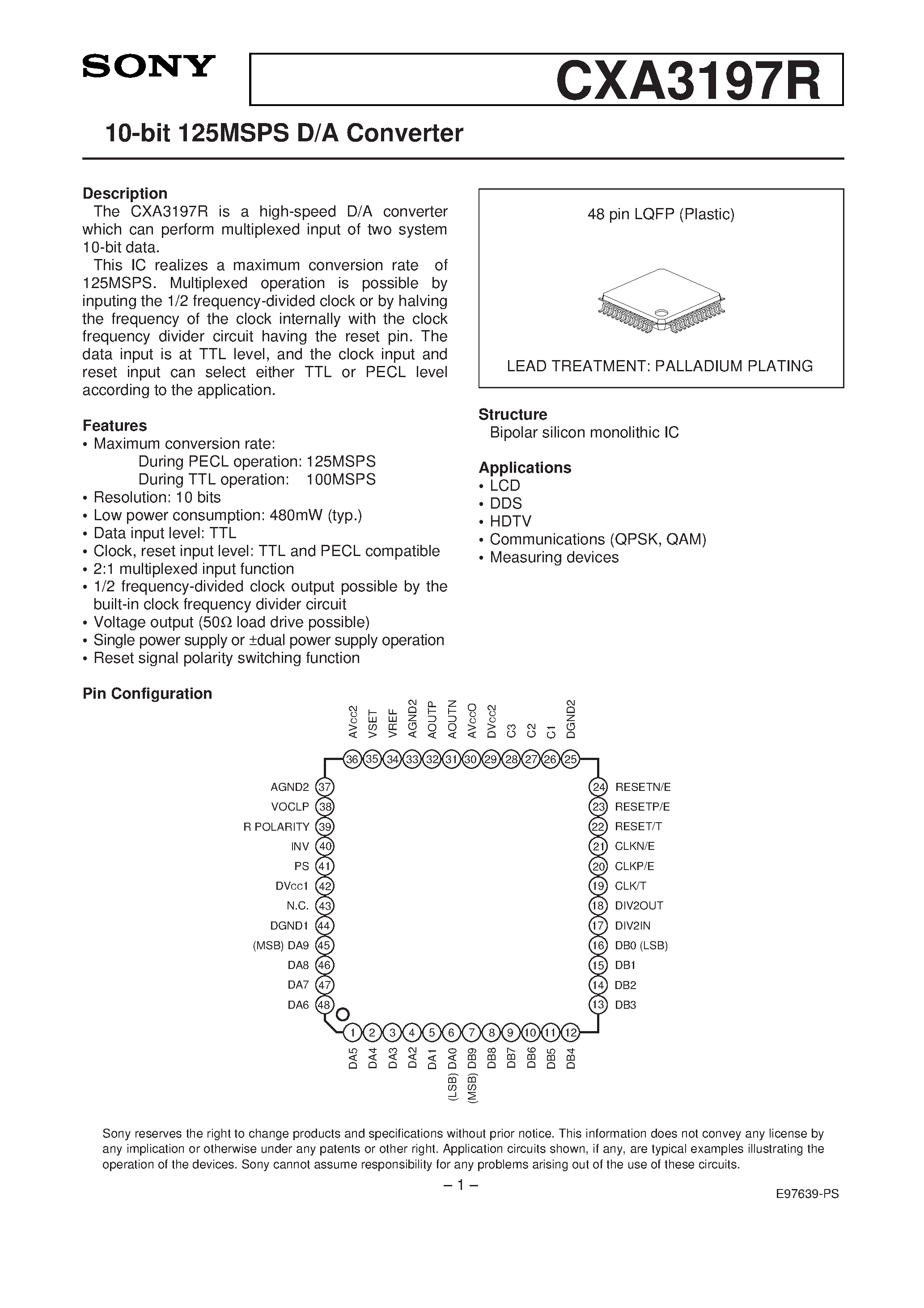 Даташит CXA3197R - 10-bit 125MSPS D/A Converter страница 1