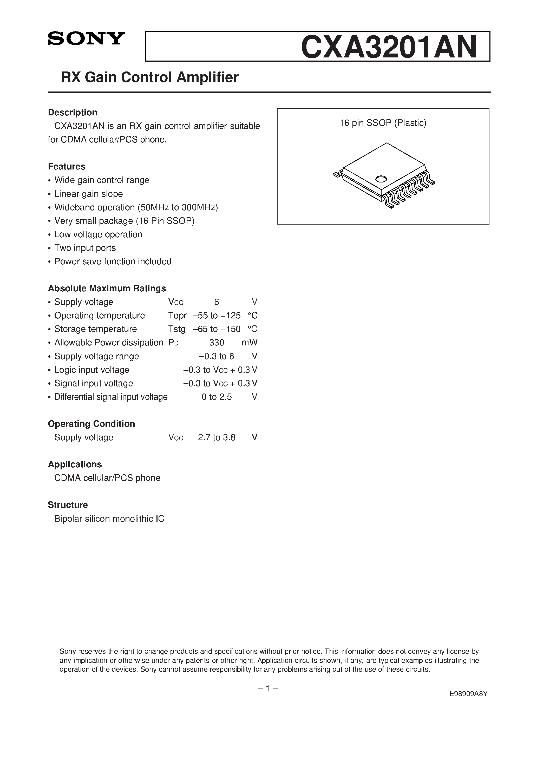Даташит CXA3201AN - RX Gain Control Amplifier страница 1