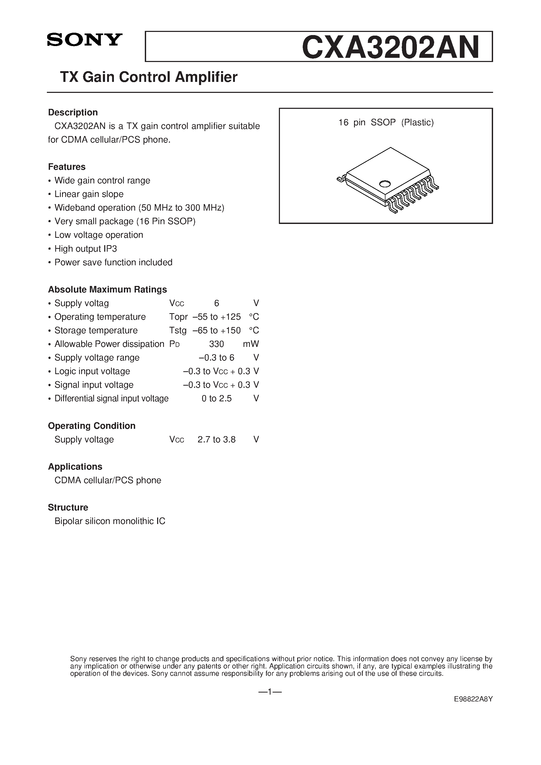 Даташит CXA3202AN - TX Gain Control Amplifier страница 1