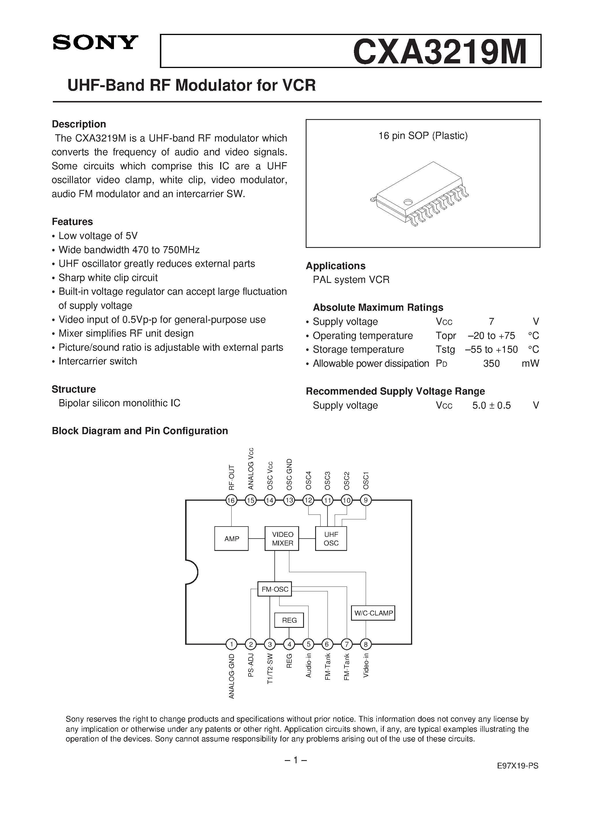 Даташит CXA3219M - UHF-Band RF Modulator for VCR страница 1