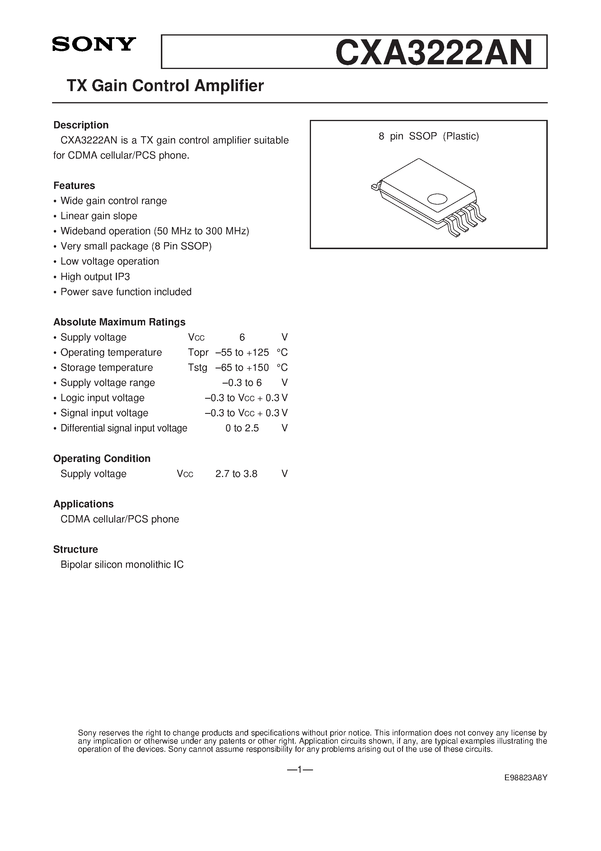 Даташит CXA3222AN - TX Gain Control Amplifier страница 1