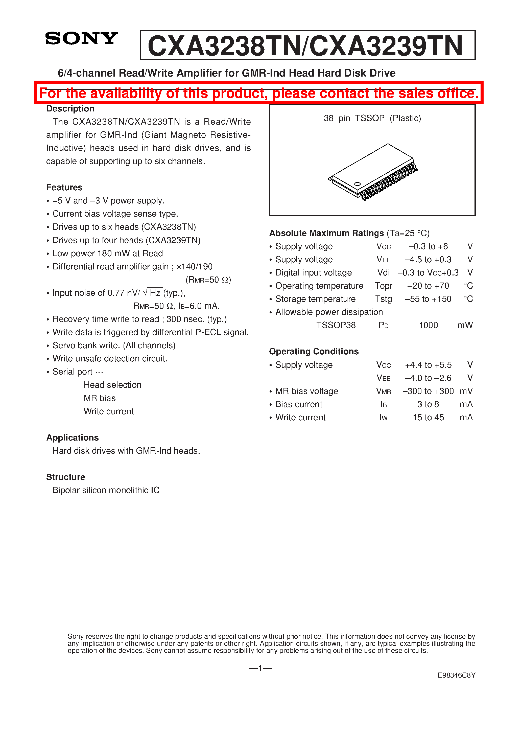Datasheet CXA3239TN - 6/4-channel Read/Write Amplifier for GMR-Ind Head Hard Disk Drive page 1
