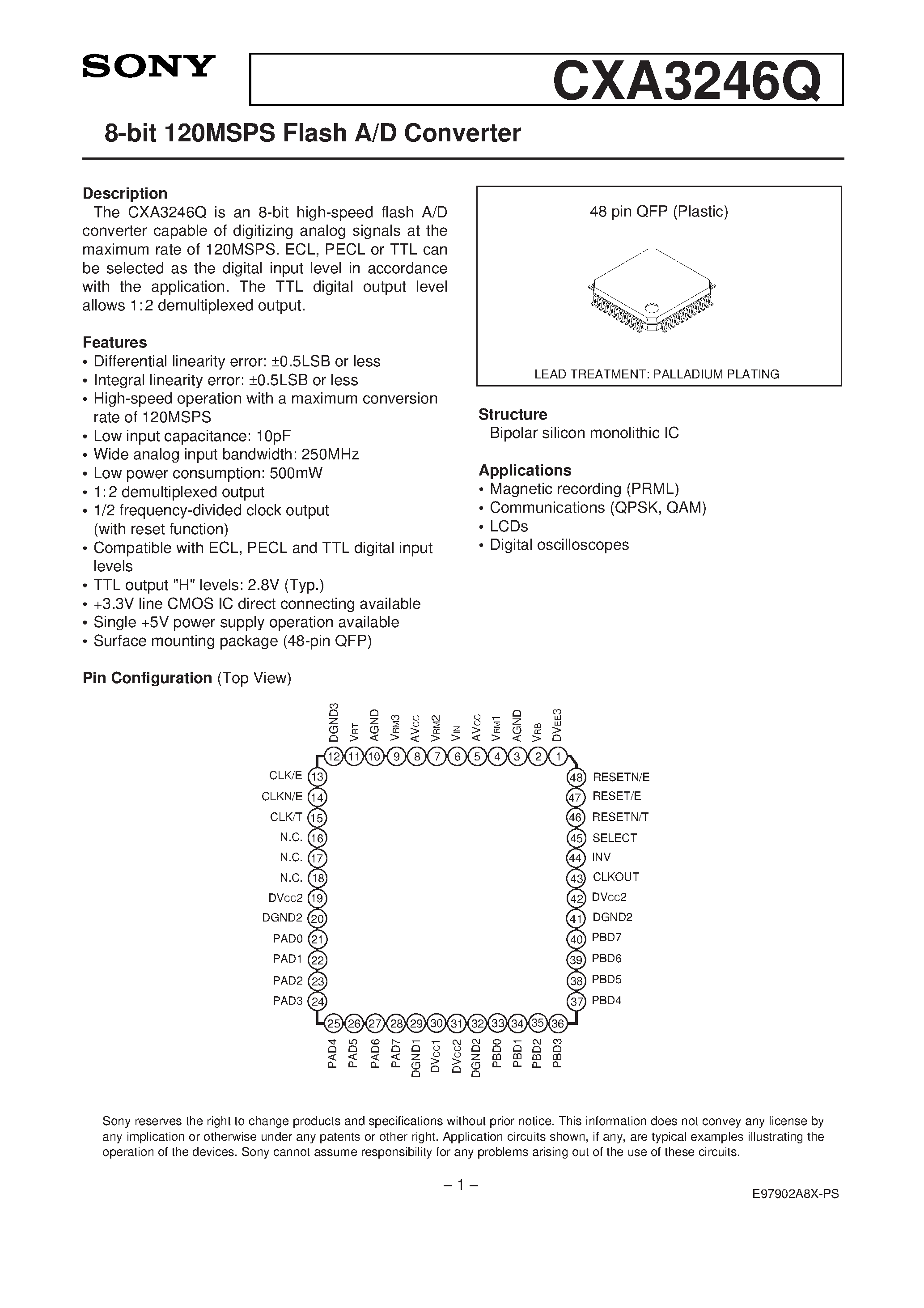 Даташит CXA3246Q - 8-bit 120MSPS Flash A/D Converter страница 1