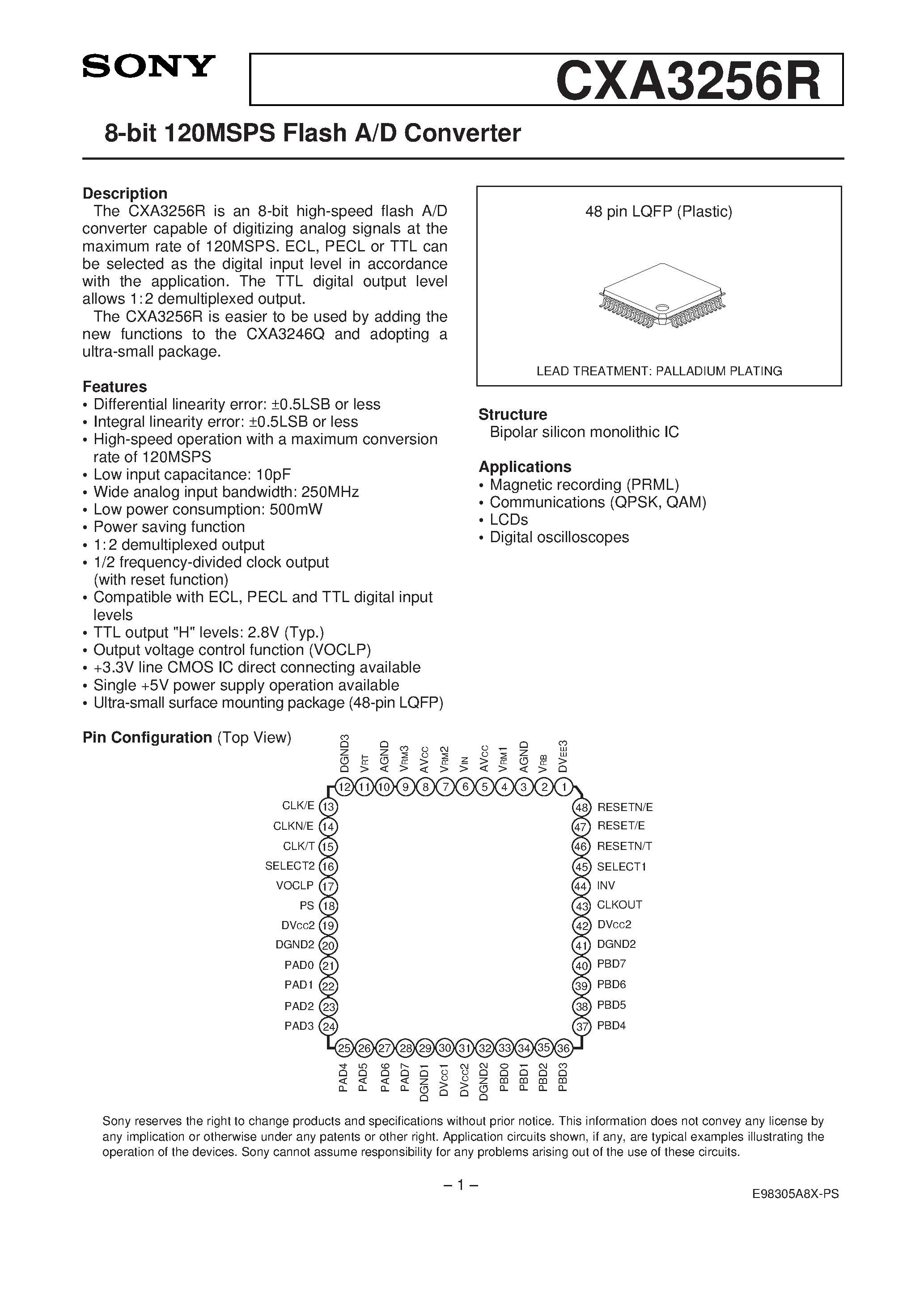 Даташит CXA3256R - 8-bit 120MSPS Flash A/D Converter страница 1