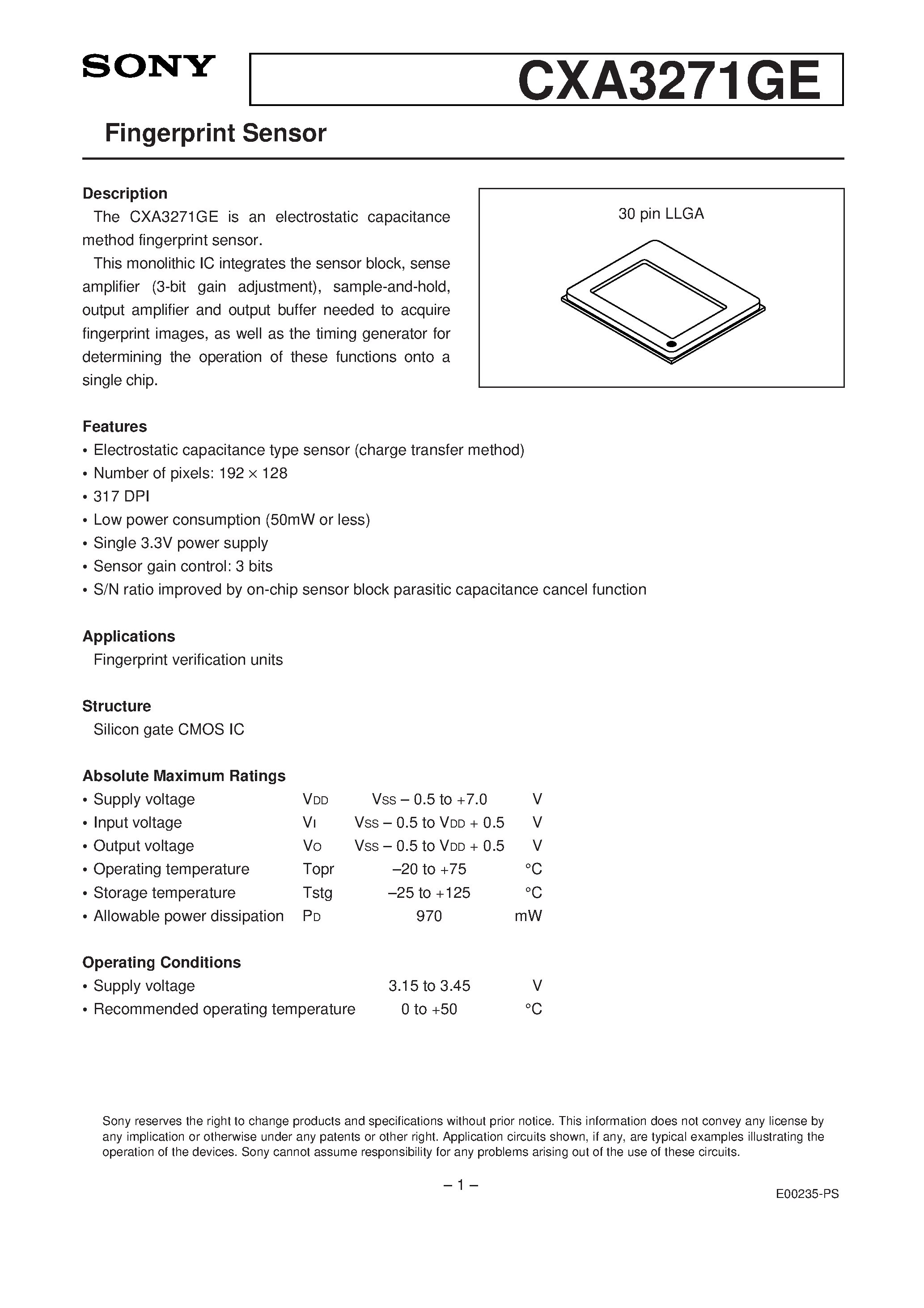 Datasheet CXA3271GE page 1 Datasheet CXA3271GE - Fingerprint Sensor page 1