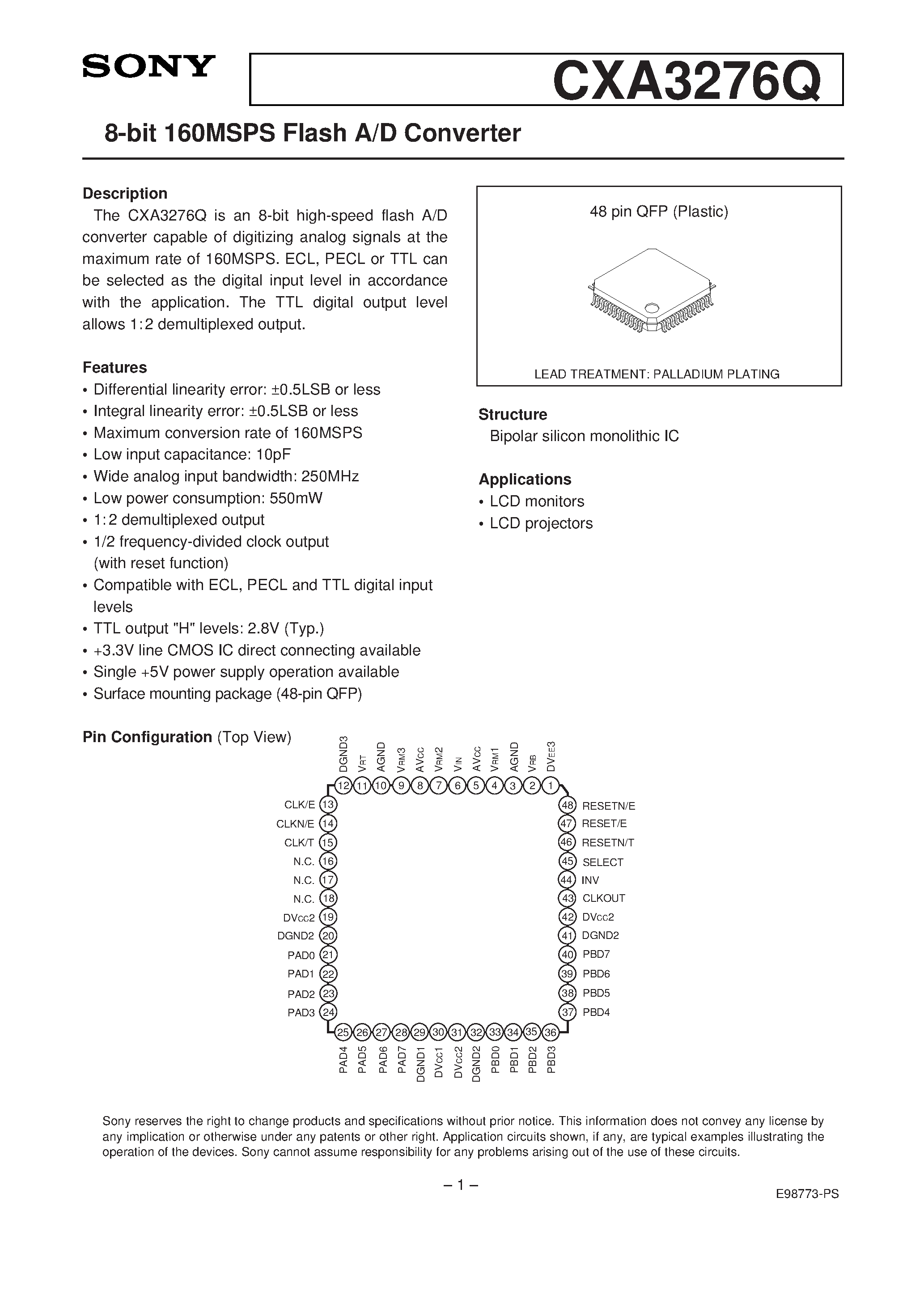 Даташит CXA3276Q - 8-bit 160MSPS Flash A/D Converter страница 1