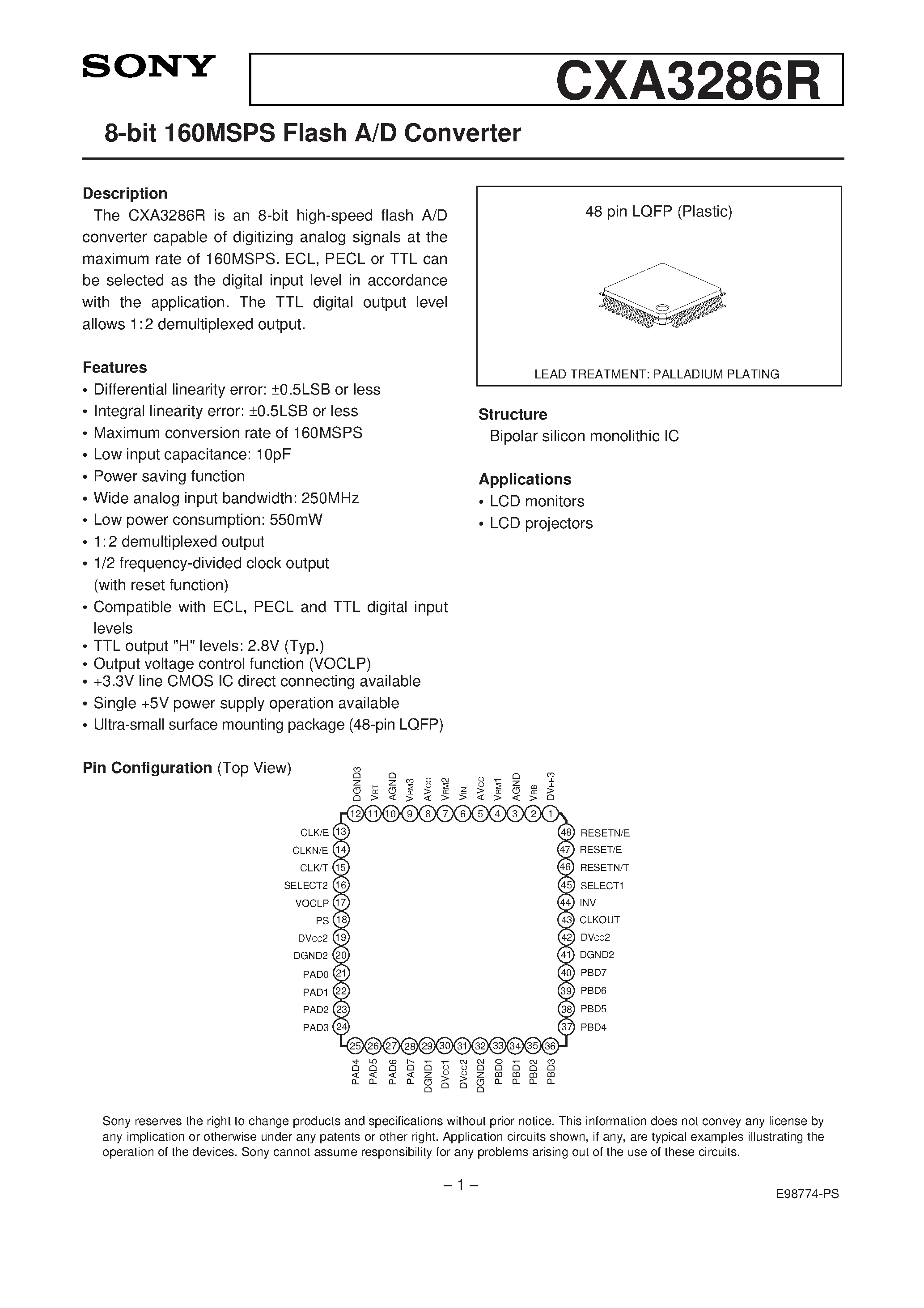 Даташит CXA3286 - 8-bit 160MSPS Flash A/D Converter страница 1