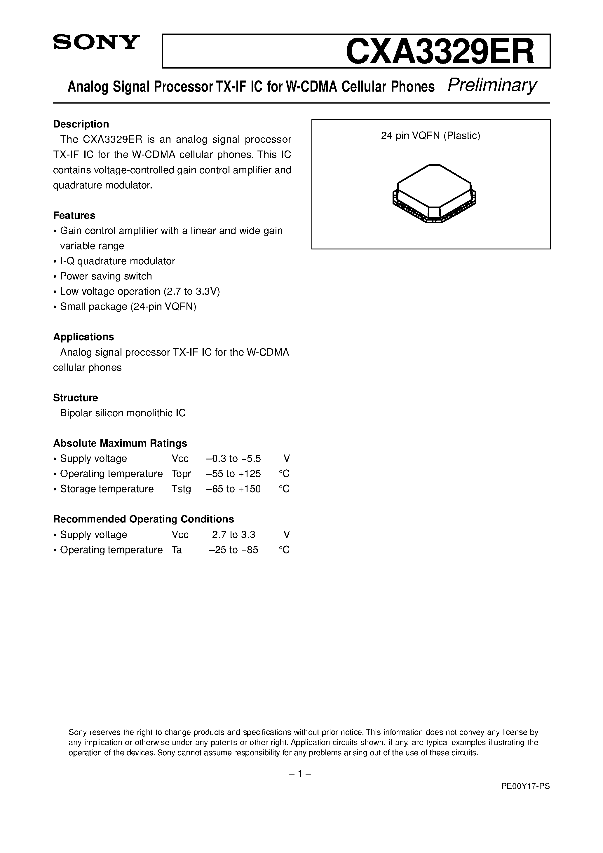 Datasheet CXA3329ER page 1 Datasheet CXA3329ER - Analog Signal Processor TX-IF IC for W-CDMA Cellular Phones page 1