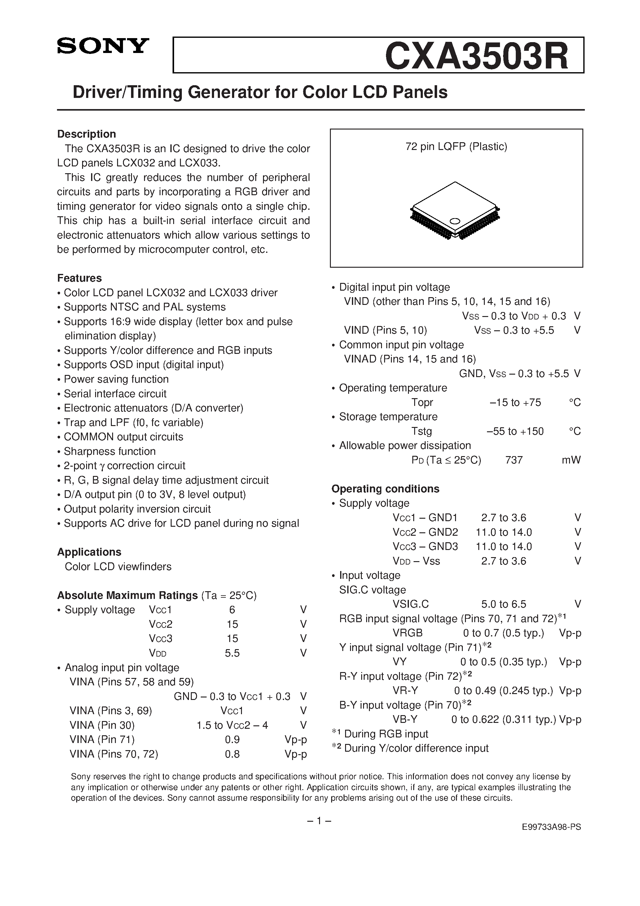 Datasheet CXA3503 page 1 Datasheet CXA3503 - Driver/Timing Generator for Color LCD Panels page 1