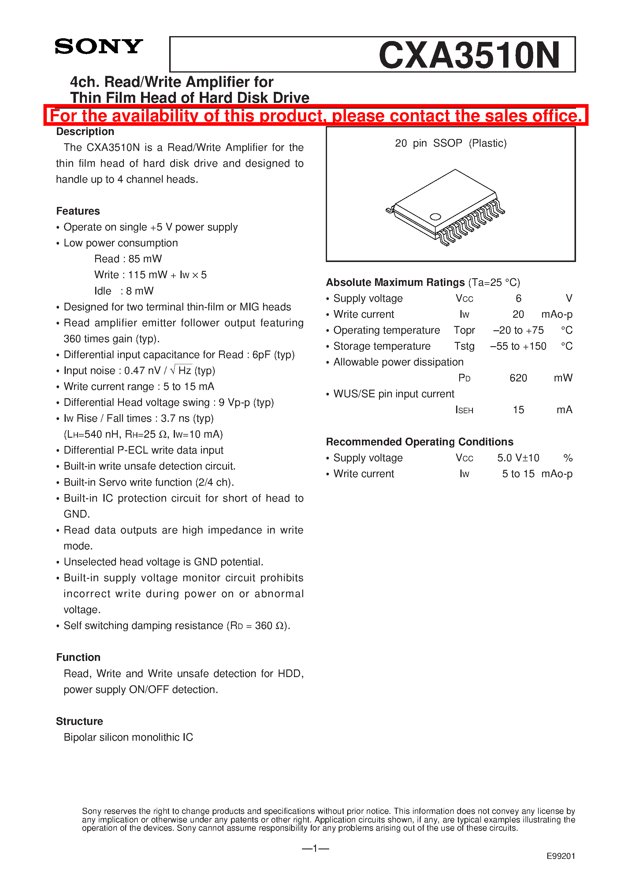 Datasheet CXA3510N - 4ch. Read/Write Amplifier for Thin Film Head of Hard Disk Drive page 1