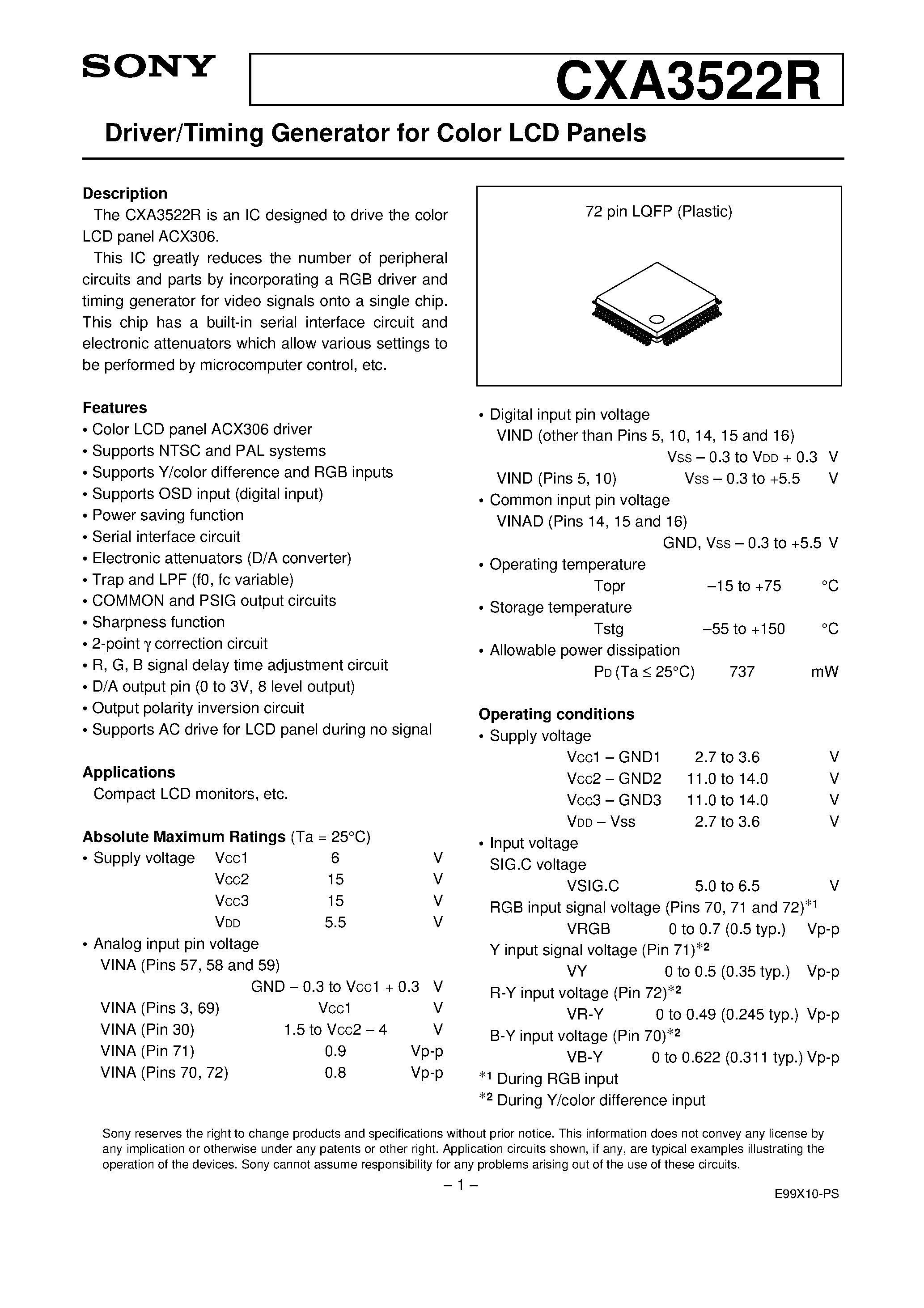 Даташит на микросхему CXA3522R страница 1 Даташит CXA3522R - Driver/Timing Generator for Color LCD Panels страница 1