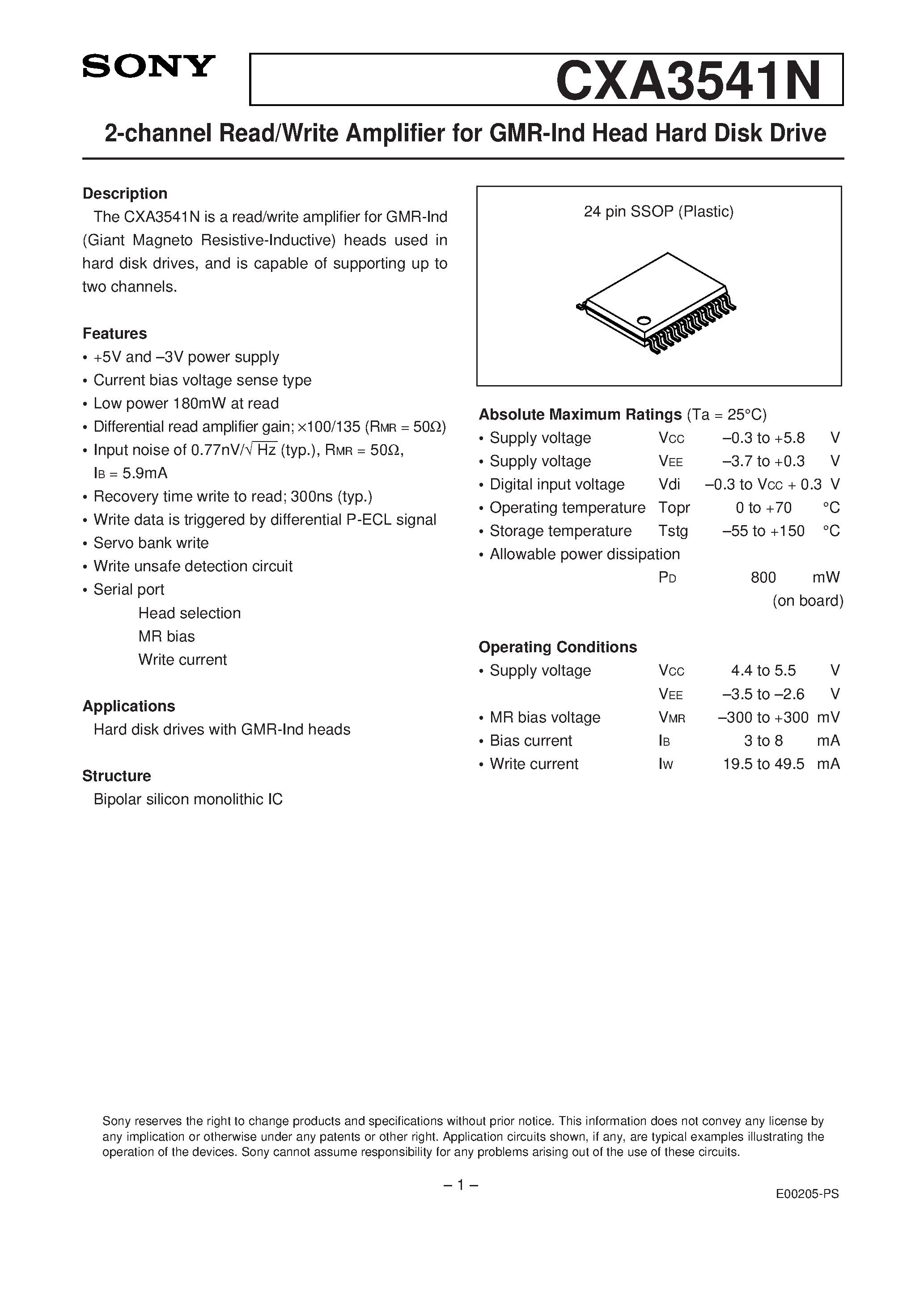 Даташит на микросхему CXA3541N страница 1 Даташит CXA3541N - 2-channel Read/Write Amplifier for GMR-Ind Head Hard Disk Drive страница 1