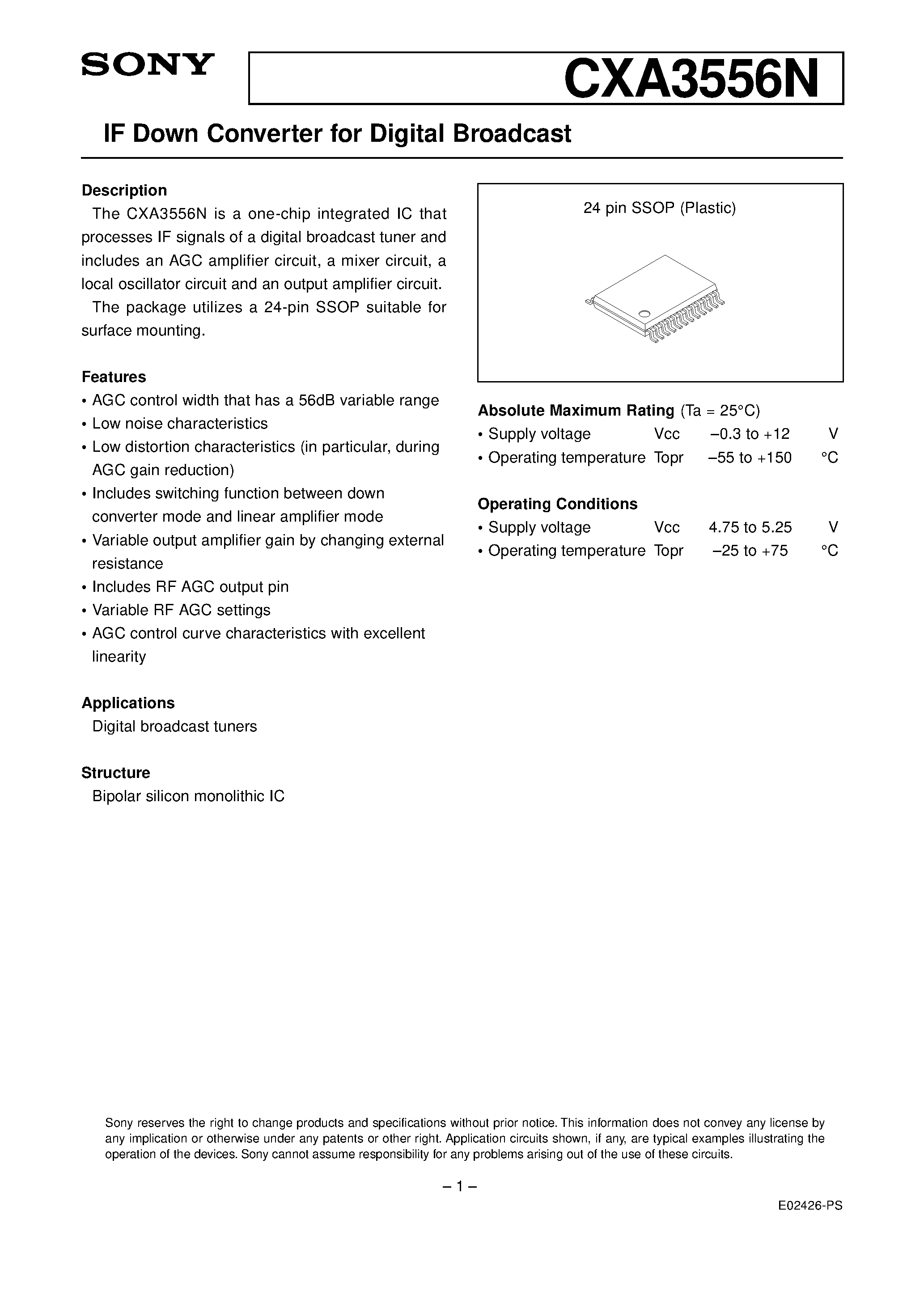 Даташит на микросхему CXA3556N страница 1 Даташит CXA3556N - IF Down Converter for Digital Broadcast страница 1