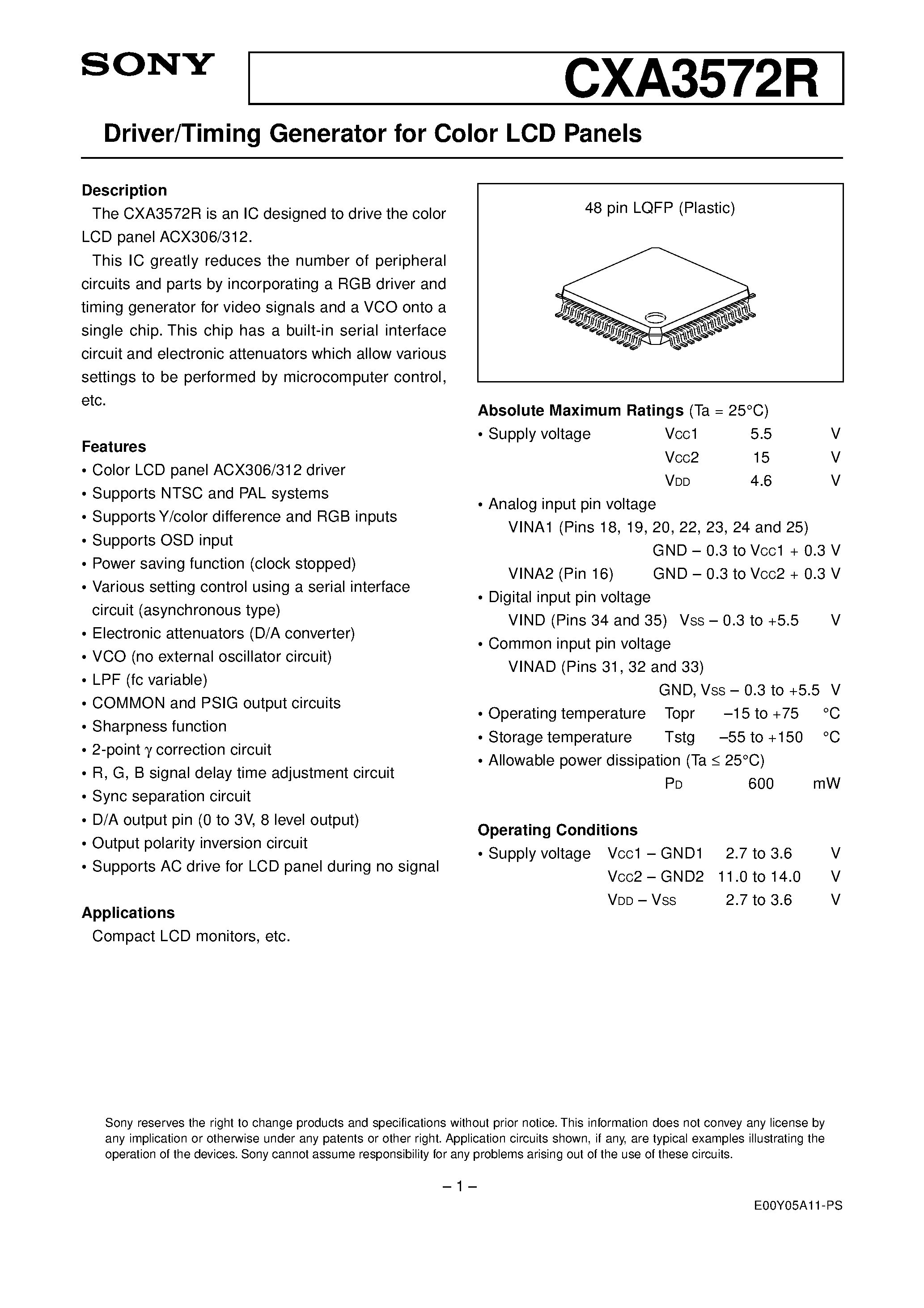 Datasheet CXA3572 page 1 Datasheet CXA3572 - Driver/Timing Generator for Color LCD Panels page 1