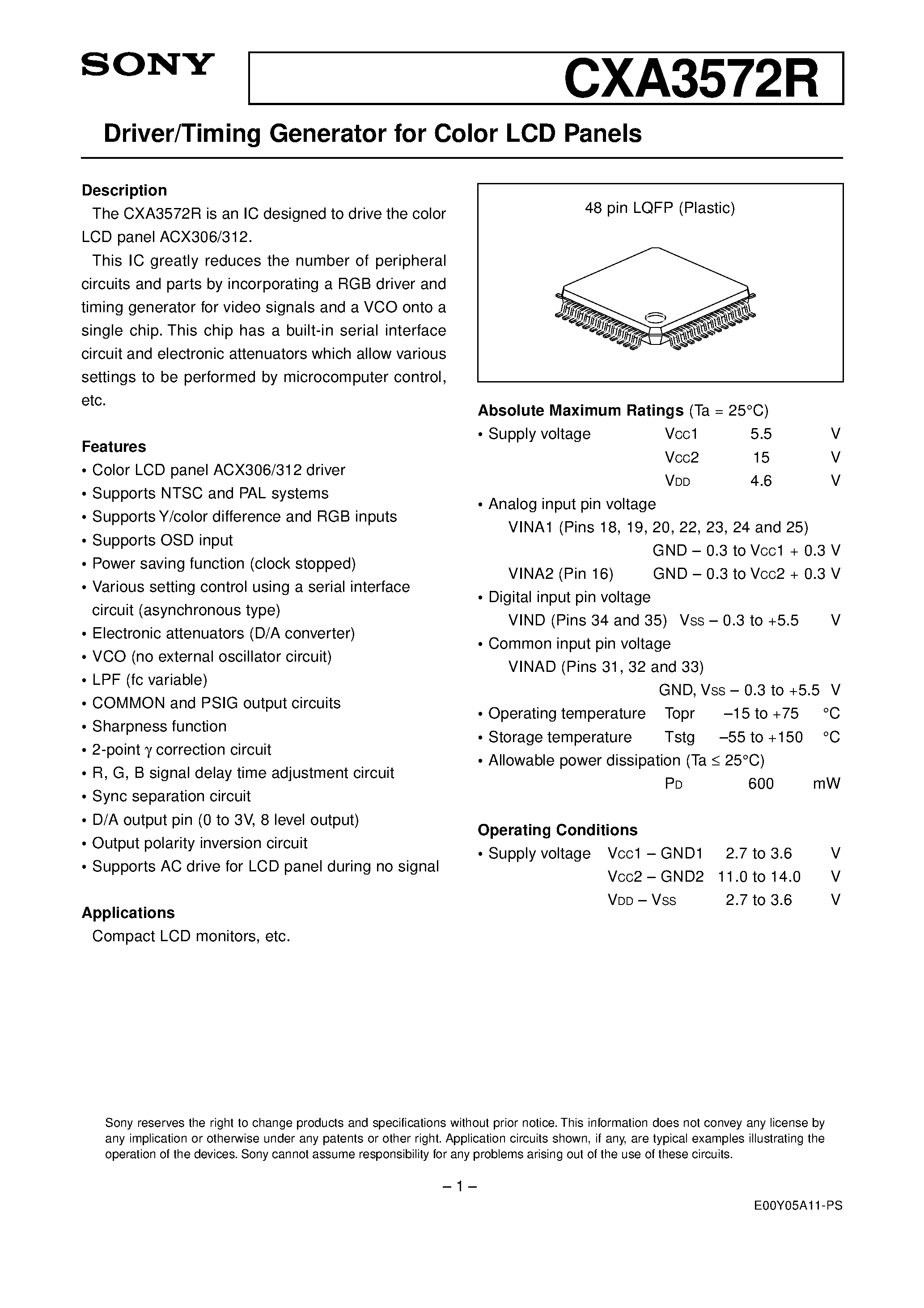 Datasheet CXA3572R - Driver/Timing Generator for Color LCD Panels page 1