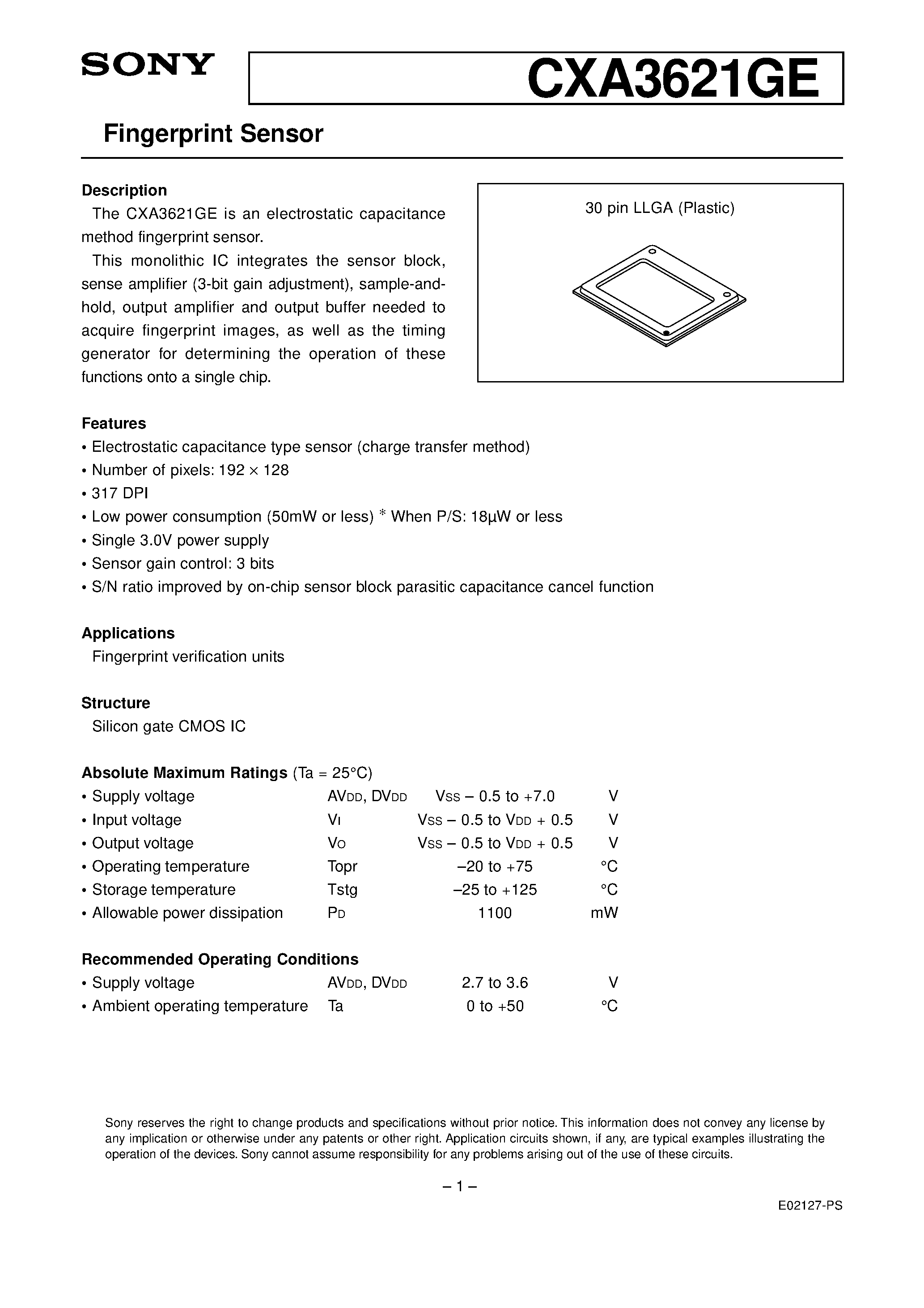 Datasheet CXA3621GE - Fingerprint Sensor page 1