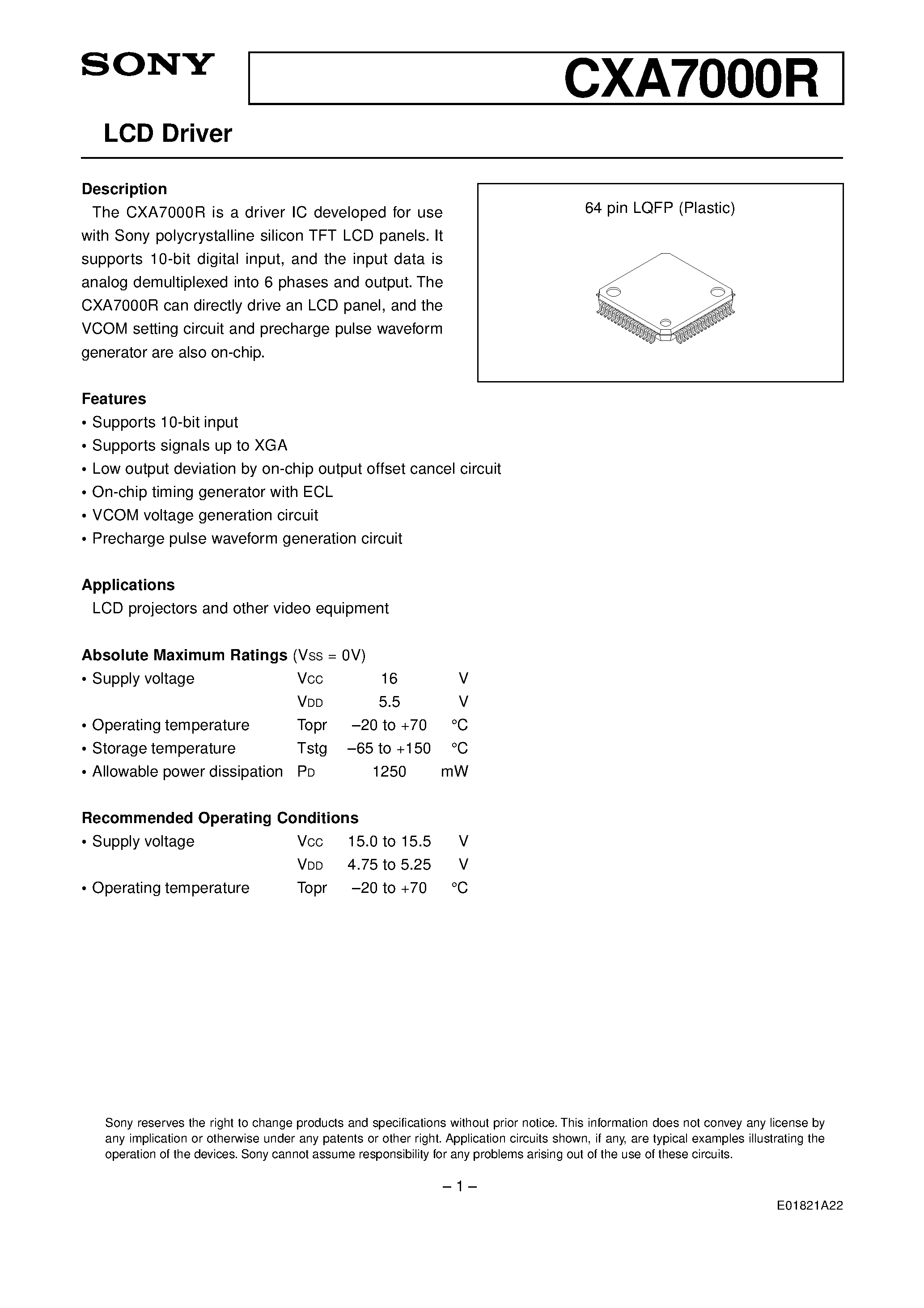 Datasheet CXA7000R - LCD Driver page 1