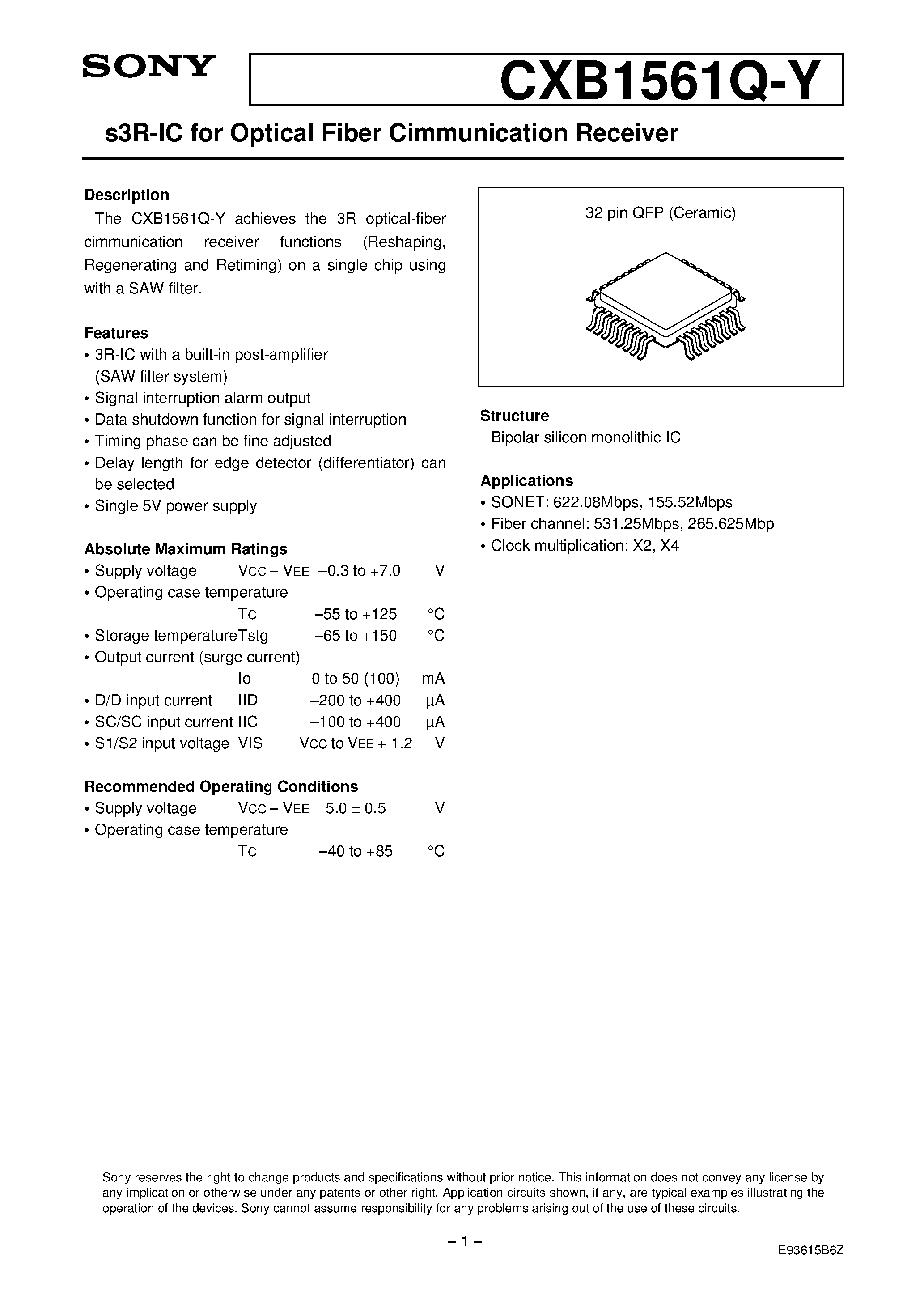 Datasheet CXB1561Q-Y - s3R-IC for Optical Fiber Cimmunication Receiver page 1