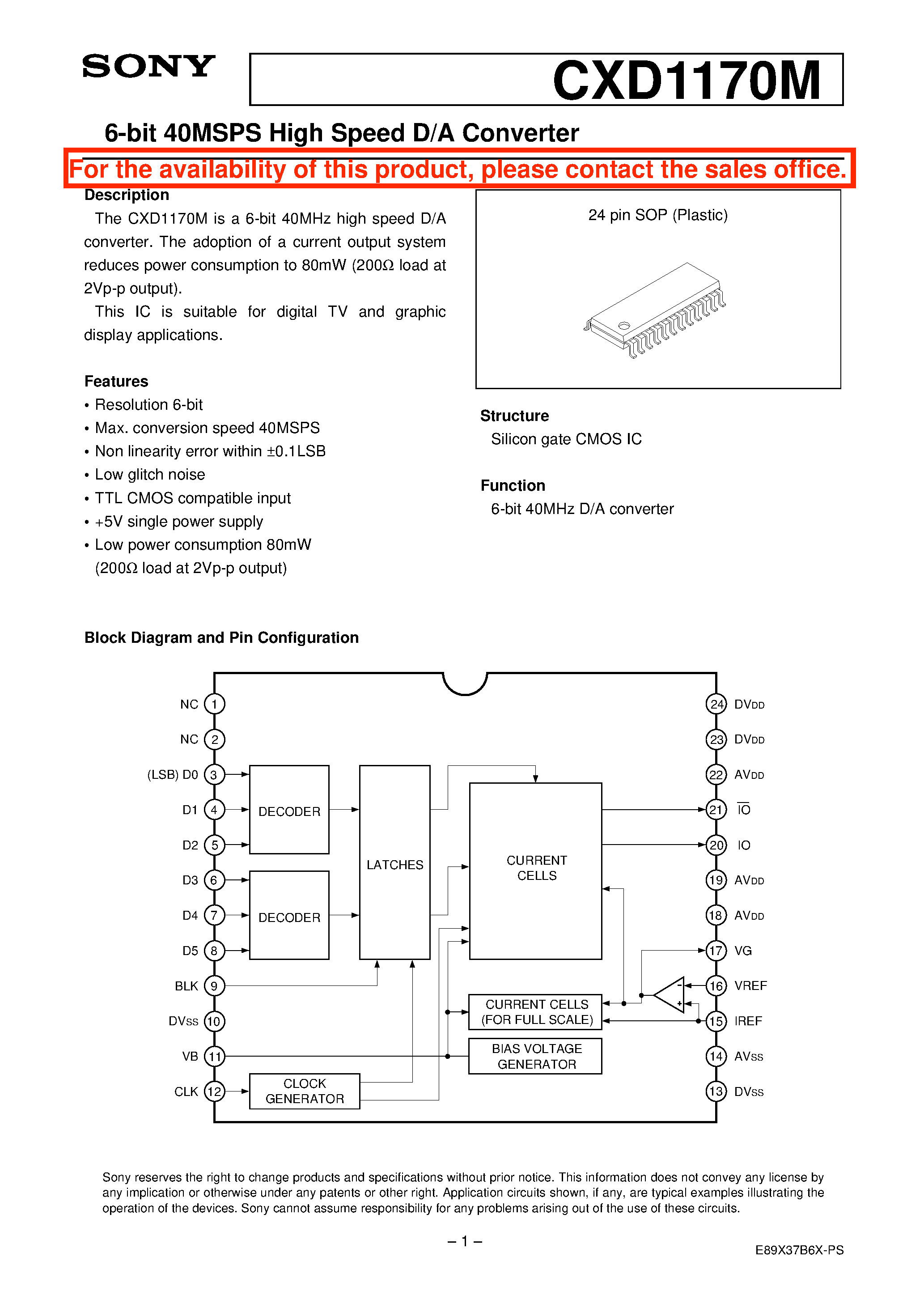 Datasheet CXD1170 page 1 Datasheet CXD1170 - 6-bit 40MSPS High Speed D/A Converter page 1