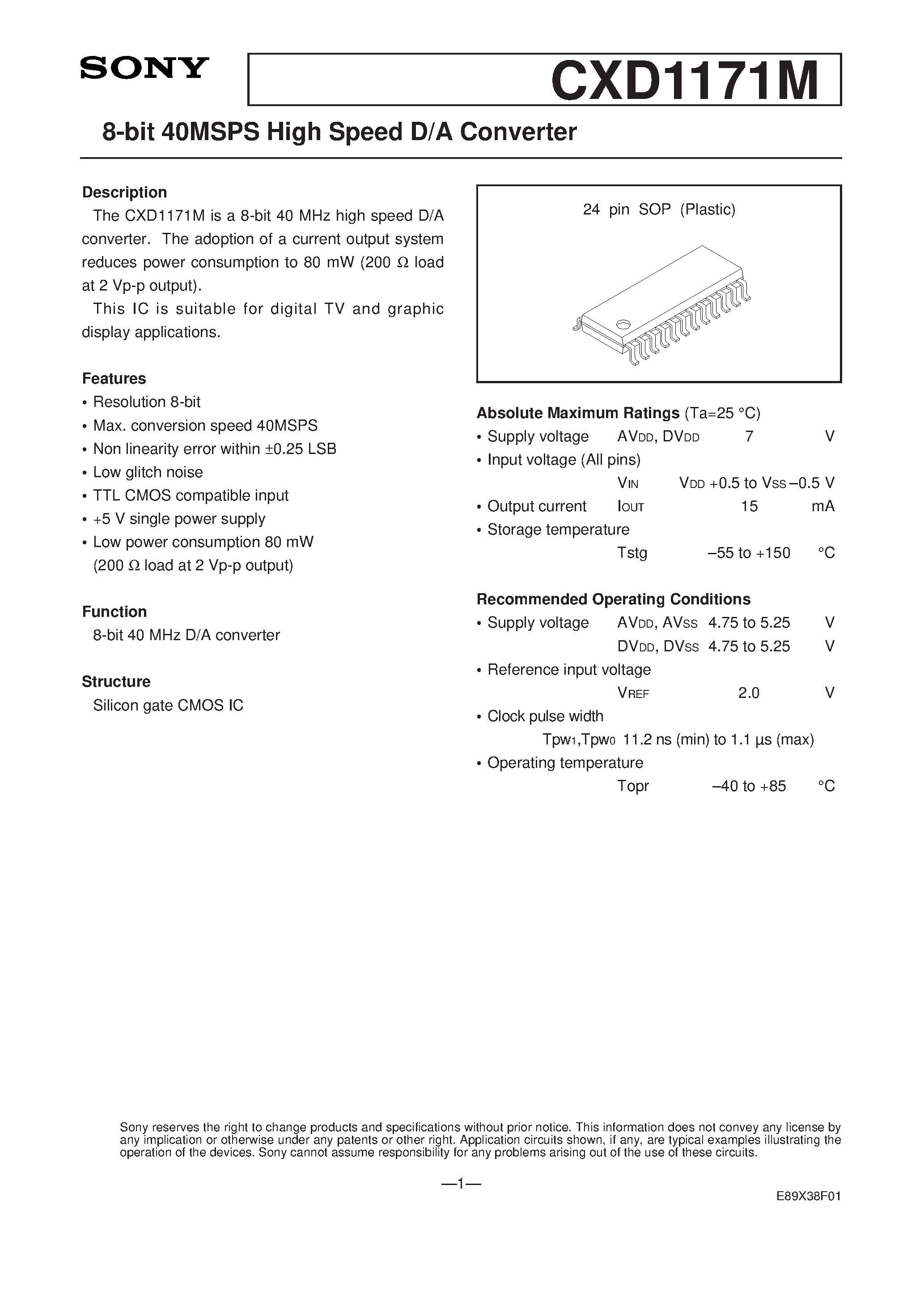 Datasheet CXD1171M page 1 Datasheet CXD1171M - 8-bit 50MSPS Video A/D Converter with Clamp Function page 1