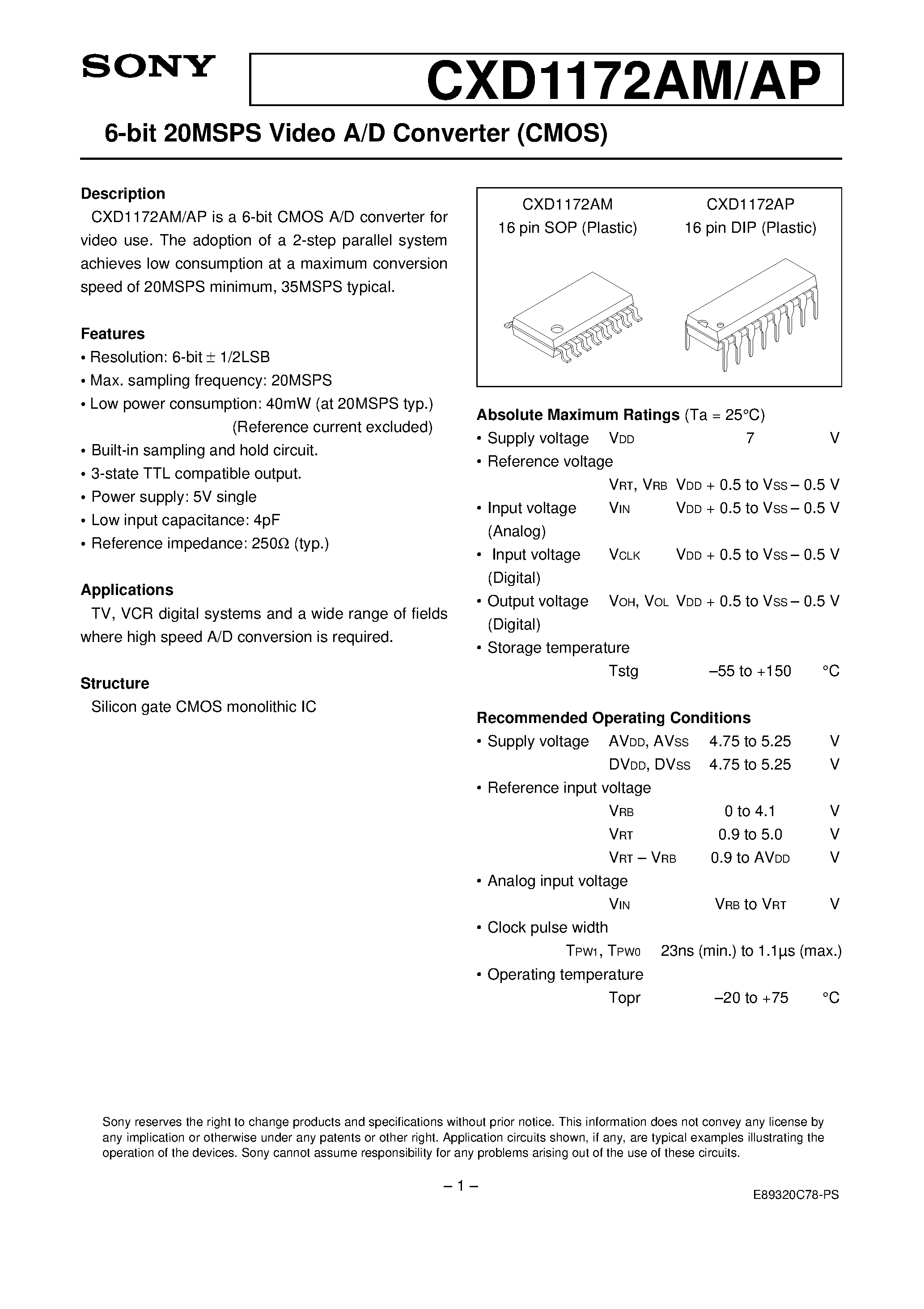 Datasheet CXD1172 page 1 Datasheet CXD1172 - 6-bit 20MSPS Video A/D Converter (CMOS) page 1