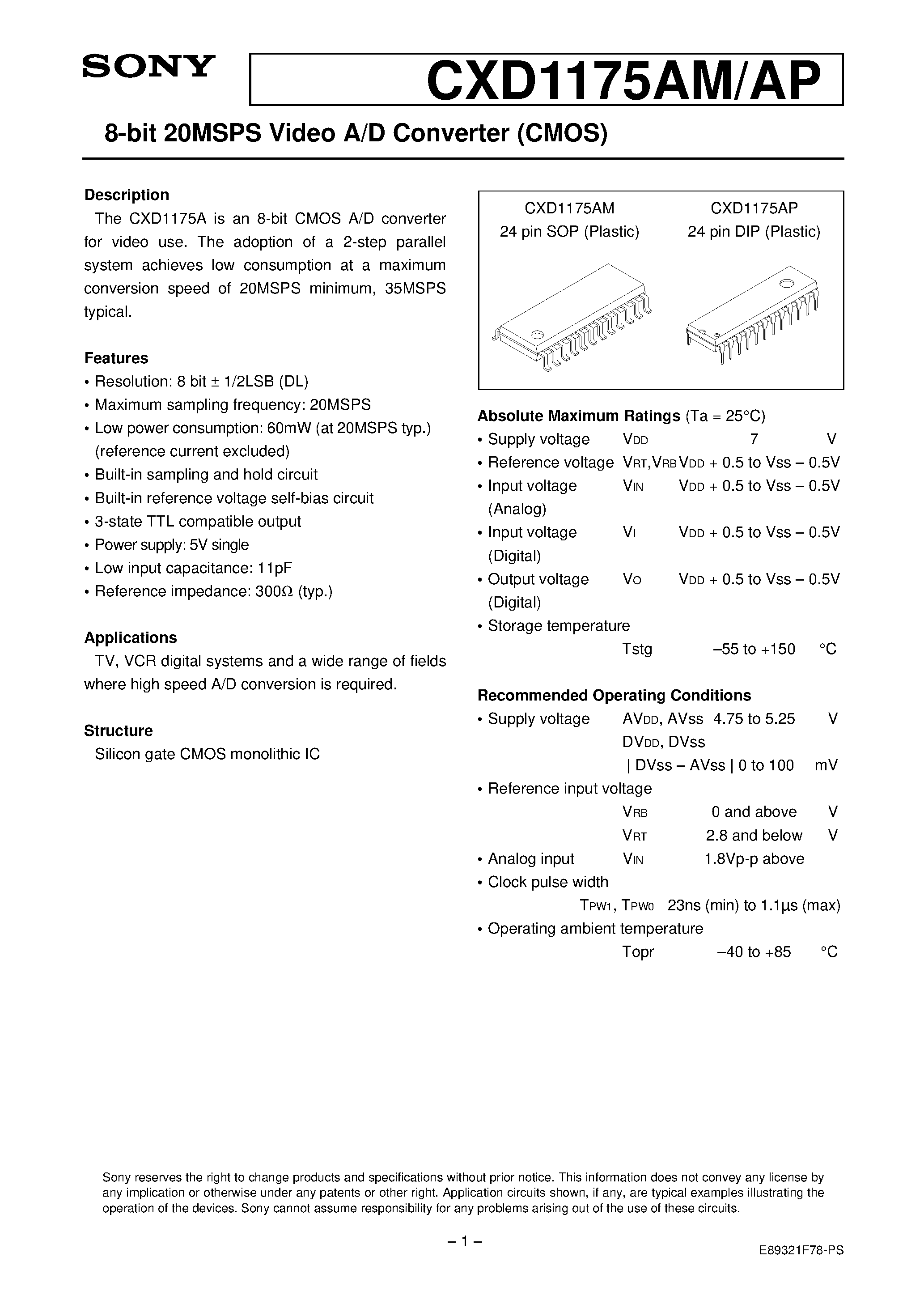 Datasheet CXD1175AP - 8-bit 20MSPS Video A/D Converter (CMOS) page 1