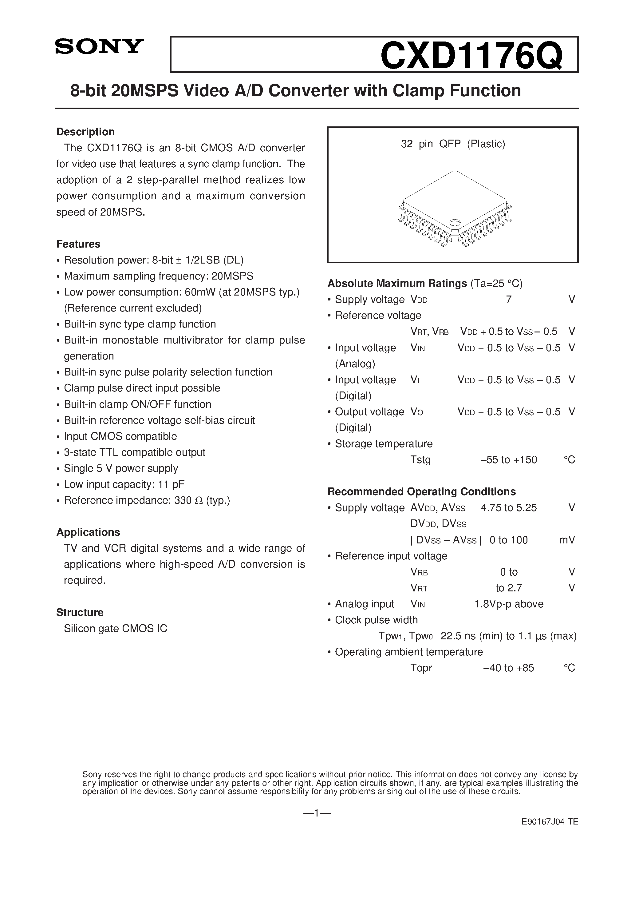 Datasheet CXD1176Q page 1 Datasheet CXD1176Q - 8-bit 20MSPS Video A/D Converter with Clamp Function page 1