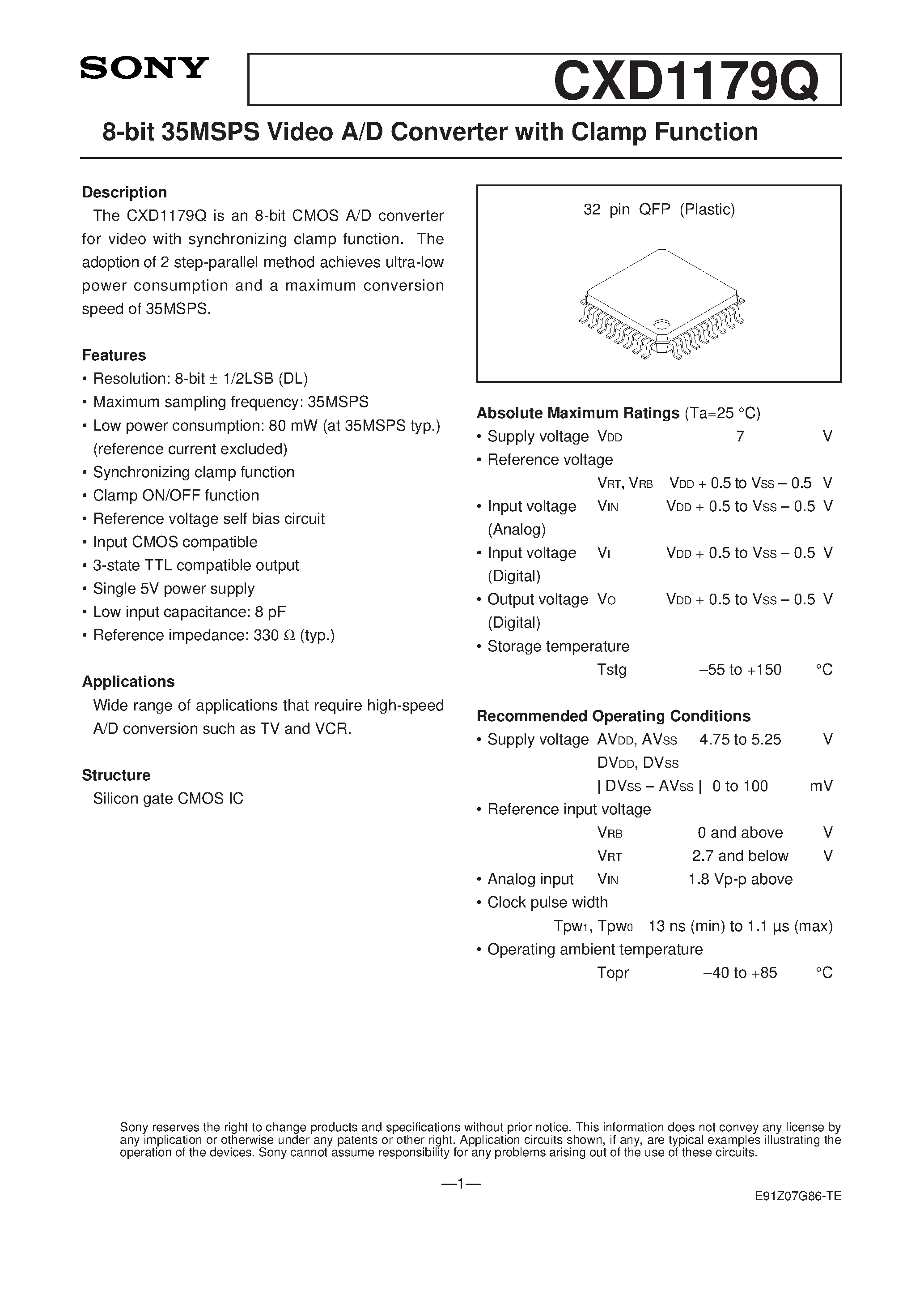 Datasheet CXD1179Q - 8-bit 35MSPS Video A/D Converter with Clamp Function page 1