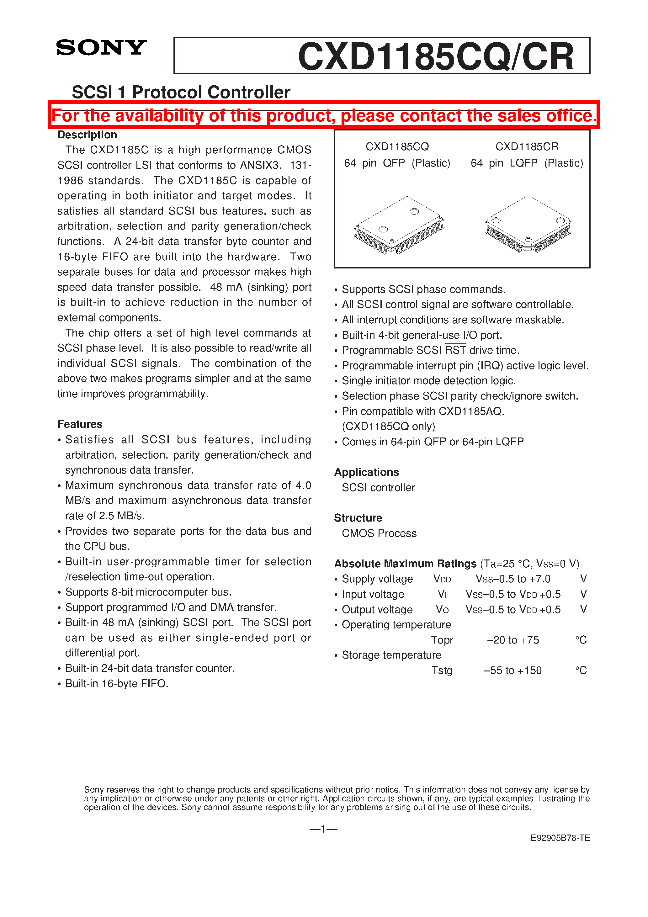 Даташит CXD1185CR - SCSI 1 Protocol Controller страница 1