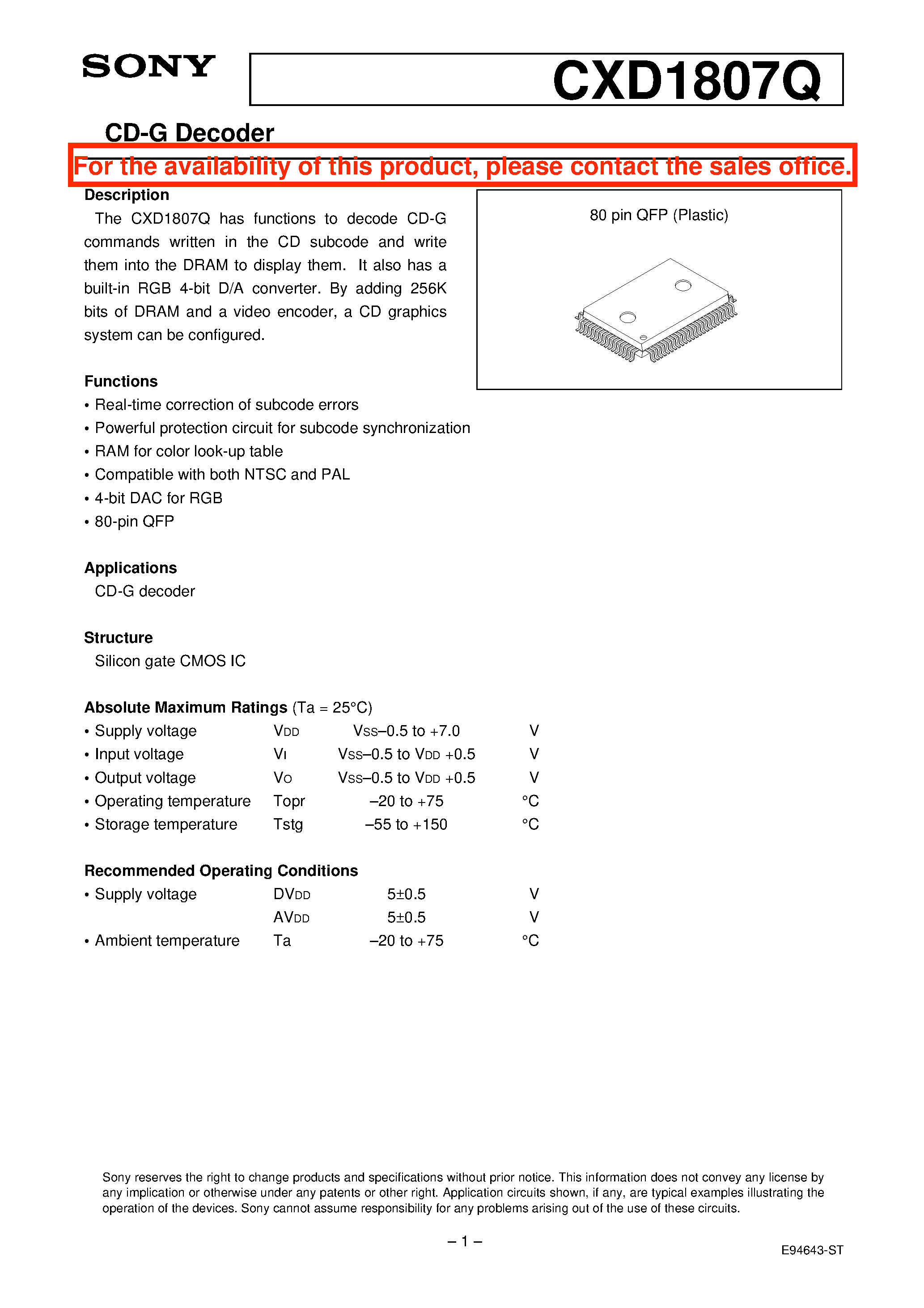 Datasheet CXD1807Q page 1 Datasheet CXD1807Q - CD-G Decoder page 1