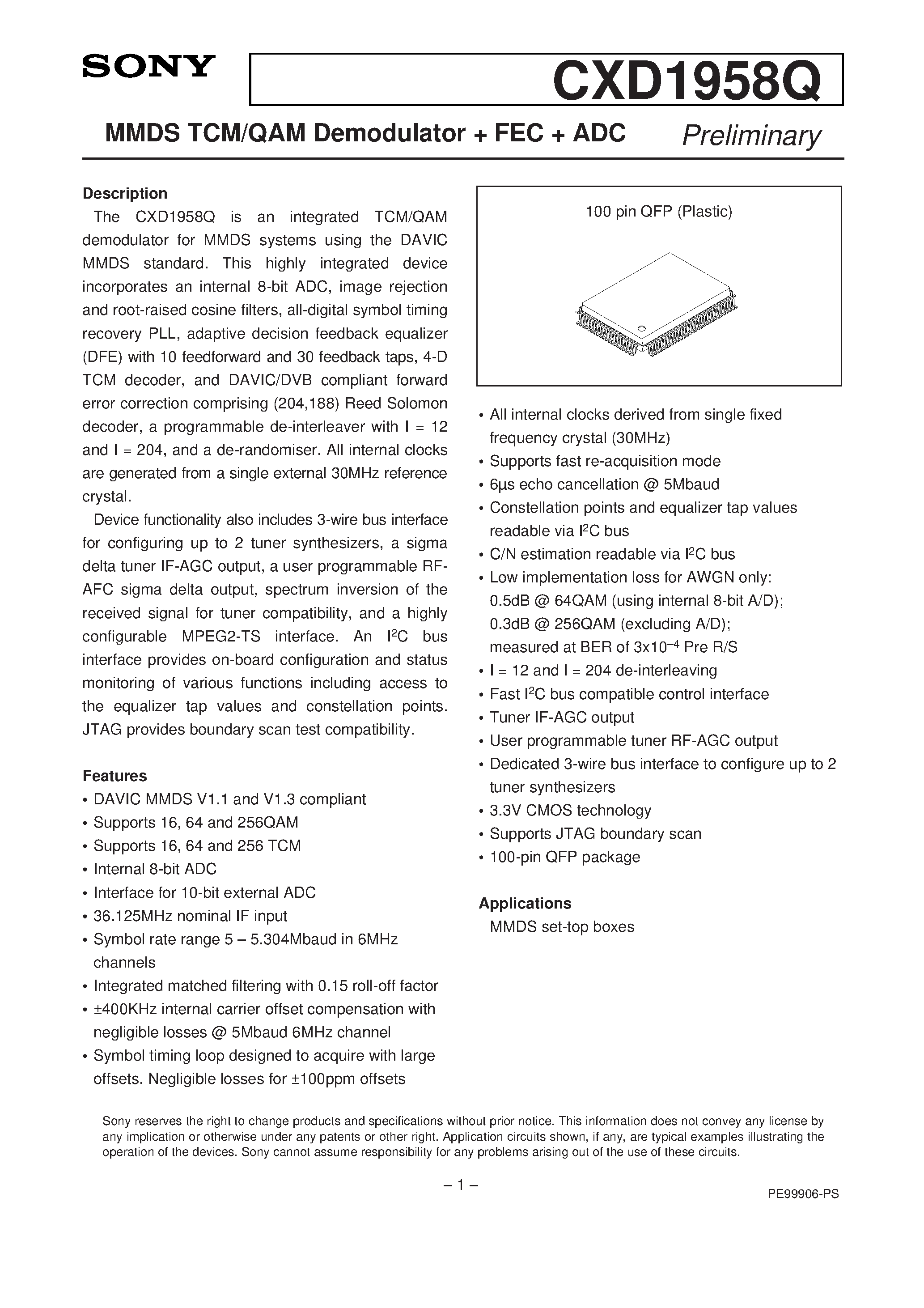 Datasheet CXD1958Q - MMDS TCM/QAM Demodulator + FEC + ADC page 1