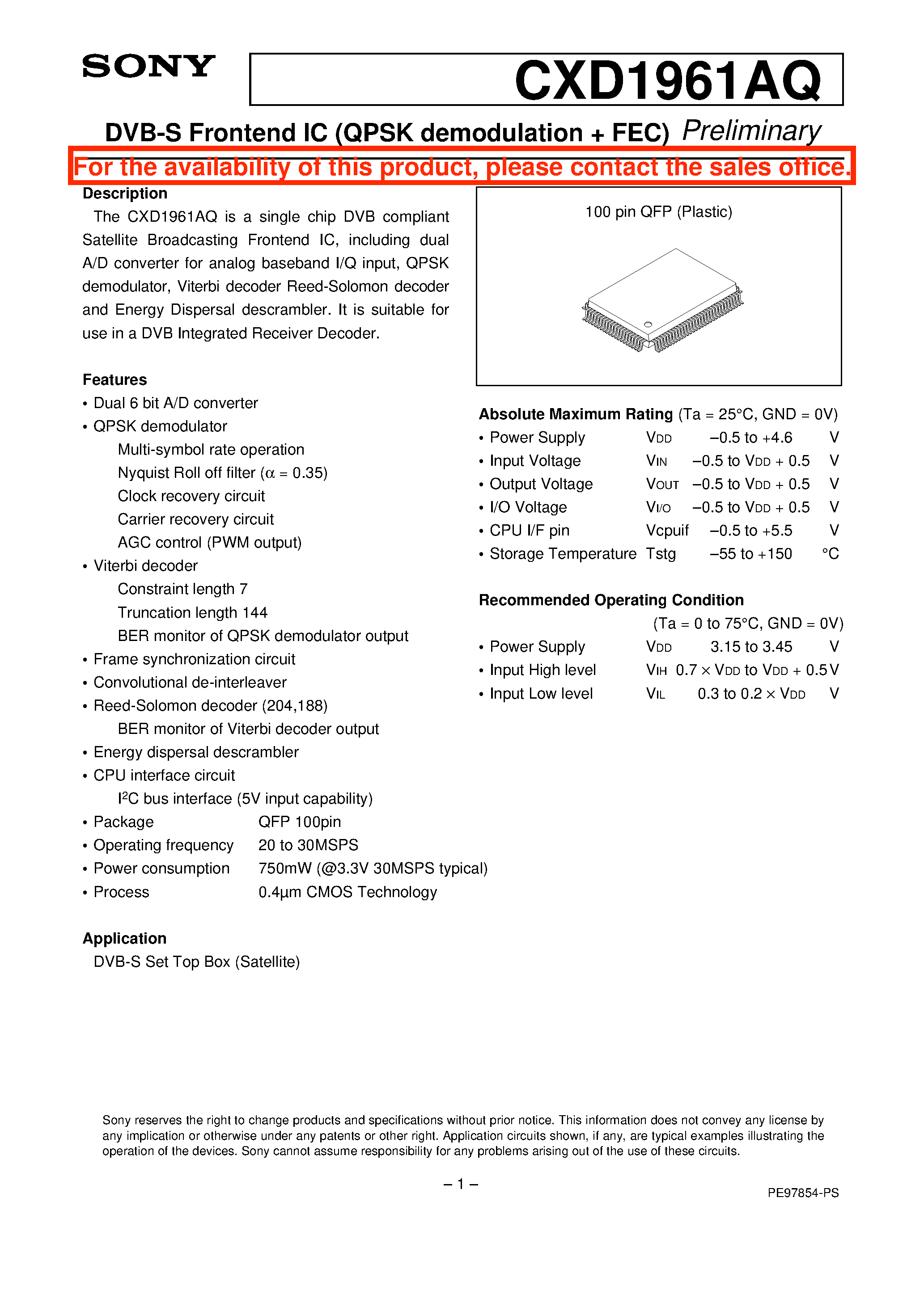 Datasheet CXD1961AQ - DVB-S Frontend IC (QPSK demodulation + FEC) page 1